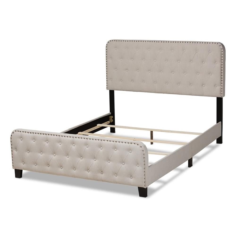 BOWERY HILL Full Size Beige Upholstered Button Tufted Panel Bed Frame - Queen Size Upholstered Platform Bed with Tufted Headboard for Modern Bedroom Decor