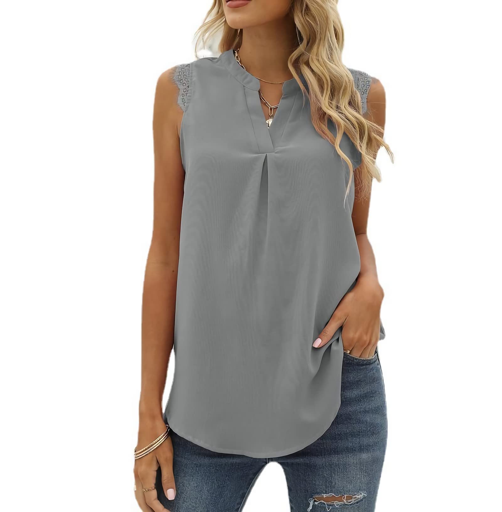 Women's V Neck Lace Tank Tops - Summer Casual Sleeveless Solid Color Shirts for Women | Perfect for Beach Outfits, Date Nights & Summer Vacations