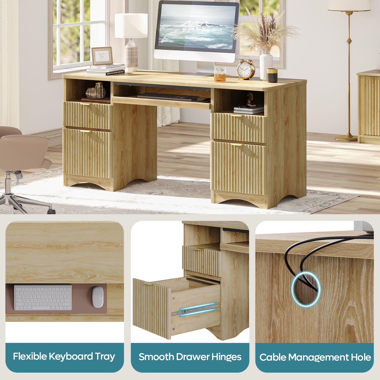 Bestier 59 Inch Computer Desk with Keyboard Tray & 4 Drawers - Modern Home Office Desk with File Storage (Natural Oak) - Perfect for Small Spaces, Gaming & Remote Work Setup