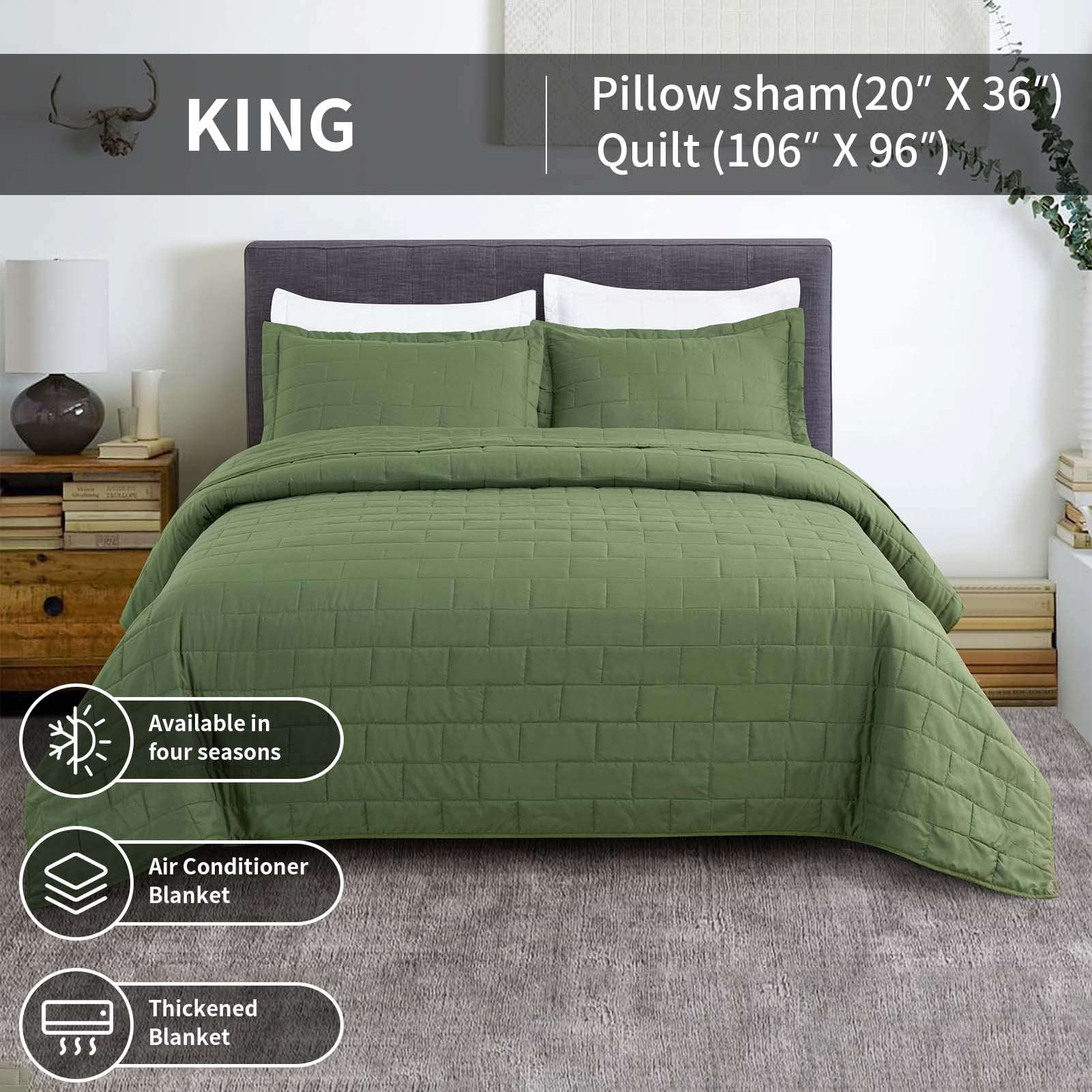 Hygge Hush Summer Quilt Set King Size - Olive Green Rectangle Pattern 3 Piece Bedding Set | Oversized Modern All Season Bedspread with 1 Quilt & 2 Pillow Shams | Perfect for Guest Rooms, Master Bedroom & Cozy Home Decor