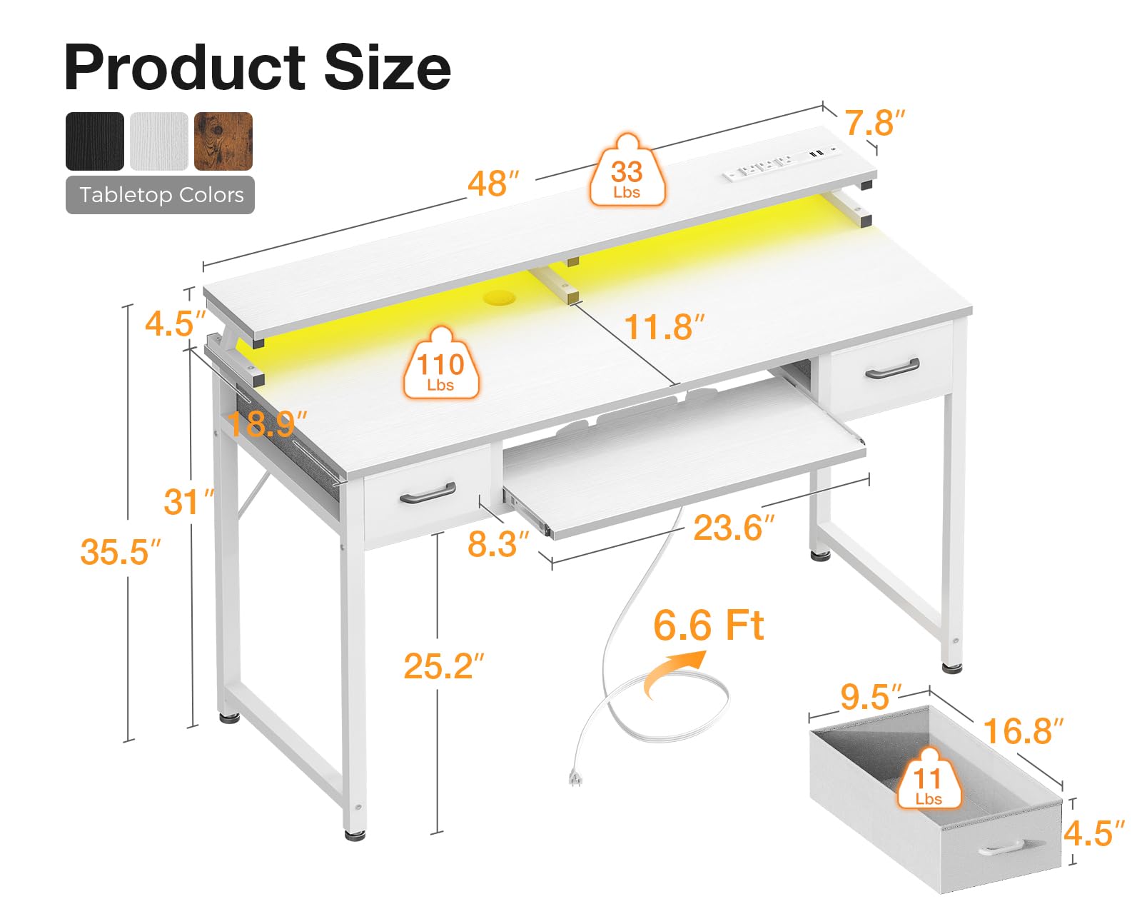 ODK 48 Inch Gaming Desk with LED Lights & Power Outlet - Ergonomic Computer Desk with Drawers, Keyboard Tray & Monitor Stand - Home Office Workstation for PC Gaming & Remote Work (White) - Perfect for Small Spaces & Streaming Setups