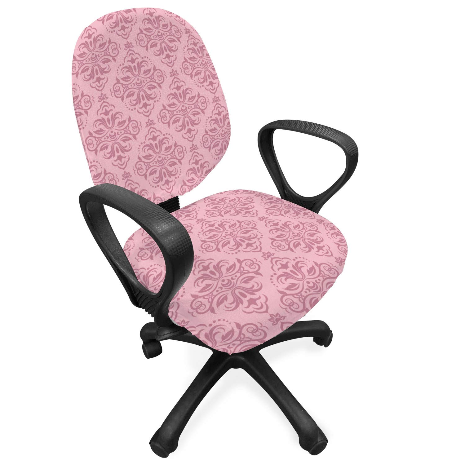 Lunarable Pink Damask Office Chair Slipcover - Vintage Art Deco Stretch Fabric Cover with Symmetrical Dried Rose Pattern, Standard Size (Rose Pink) - Perfect for Home Office, Study Room & Workspace Decor