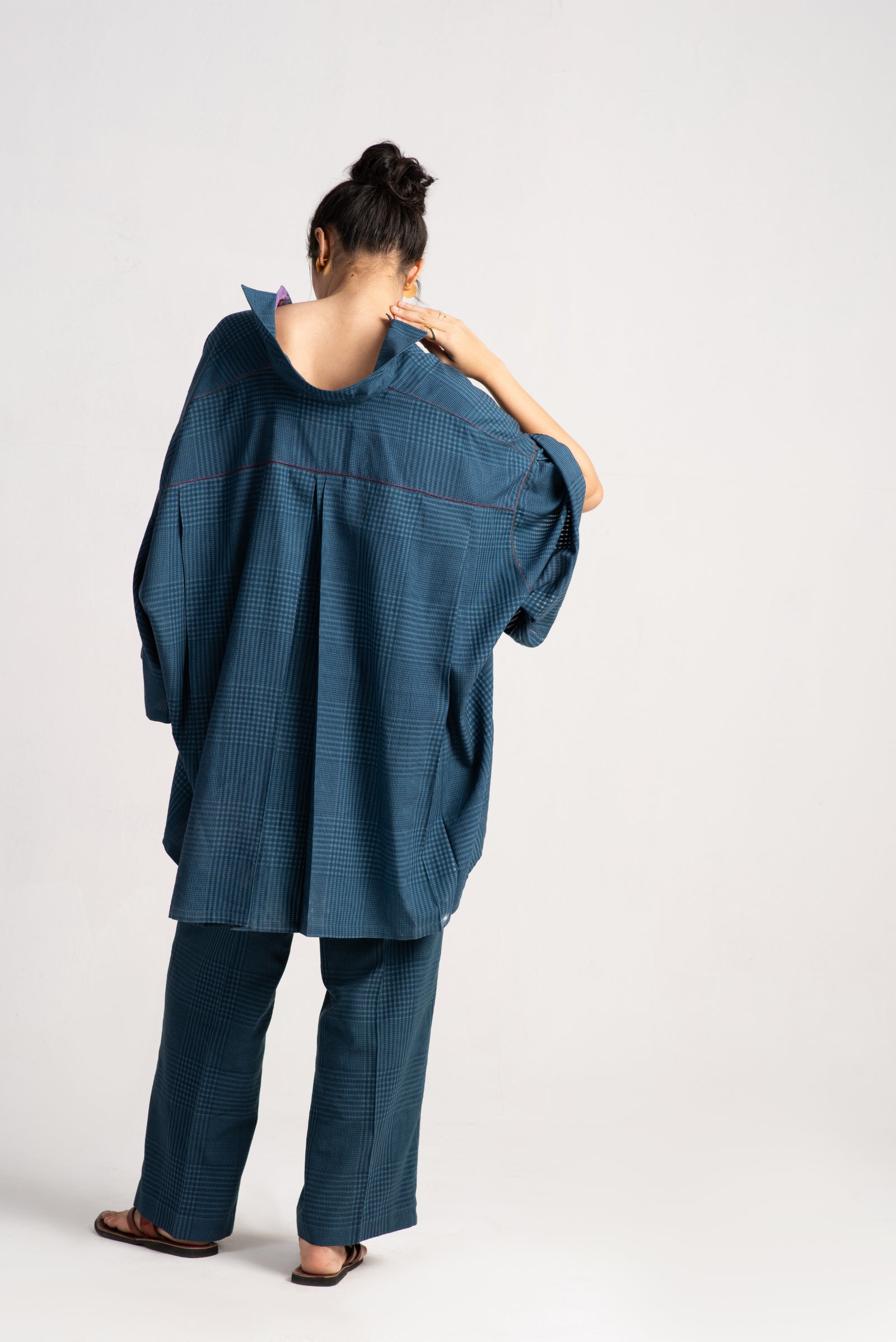 Chandrika Women's Cotton Silk Checkered Teal Trousers - Comfortable & Stylish for Work, Travel & Casual Wear
