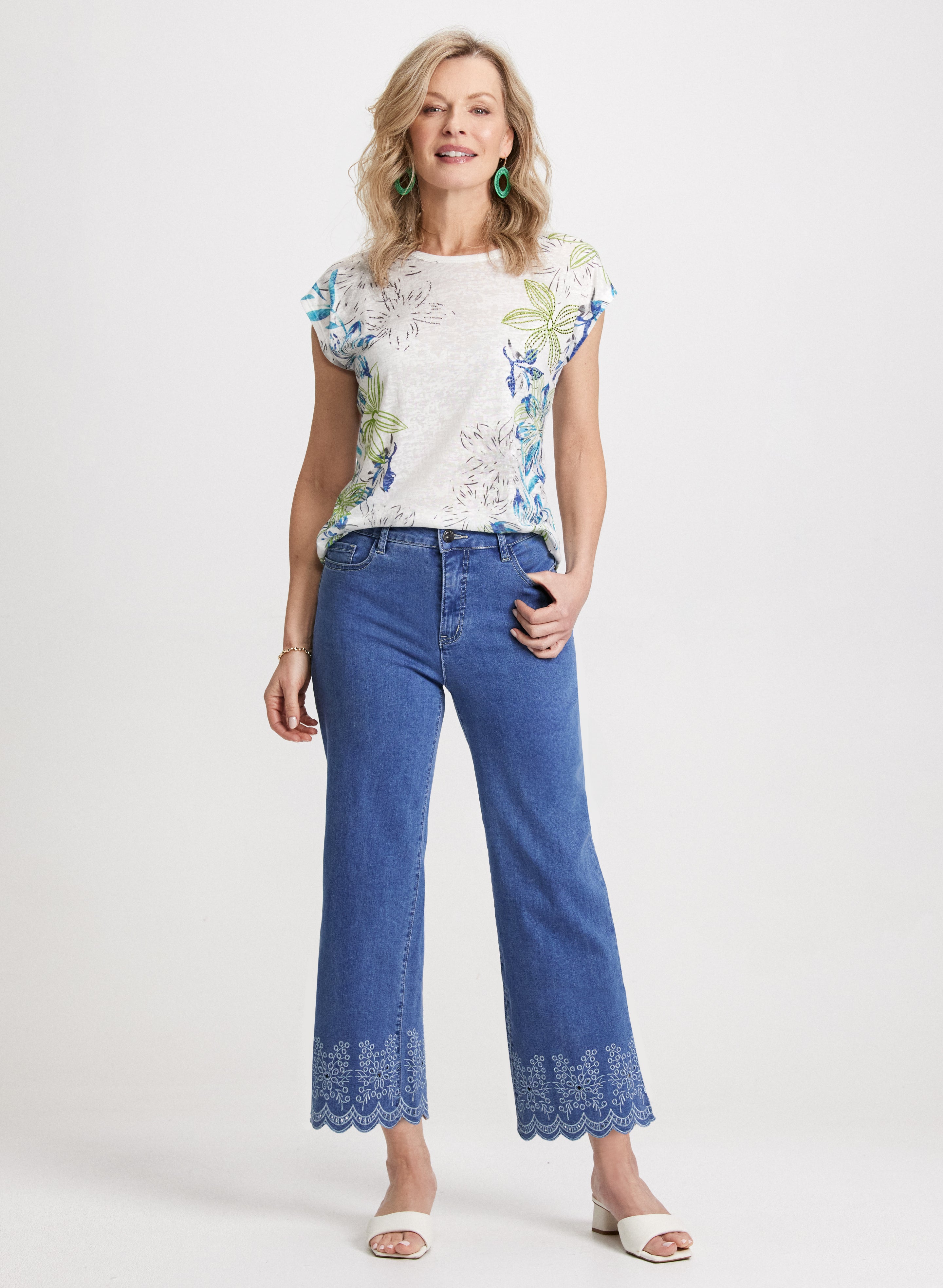 Floral Burnout T-Shirt & Embroidered Hem Jeans for Women | Summer Boho Outfit | Casual Streetwear & Music Festival Fashion