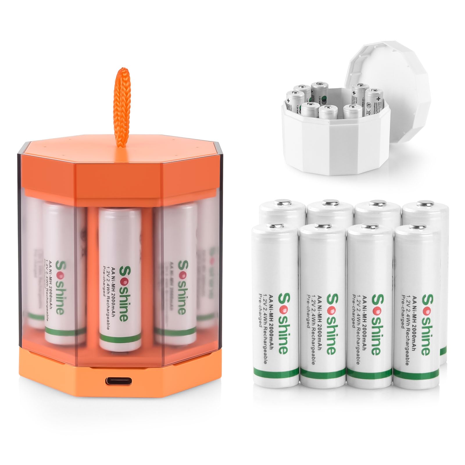 8 Pack 2000mAh Rechargeable AA Batteries with 8-Bay USB Fast Charger - High Capacity Ni-MH Low Self Discharge Batteries Kit (Orange) - Perfect for Cameras, Game Controllers, Toys & Home Electronics