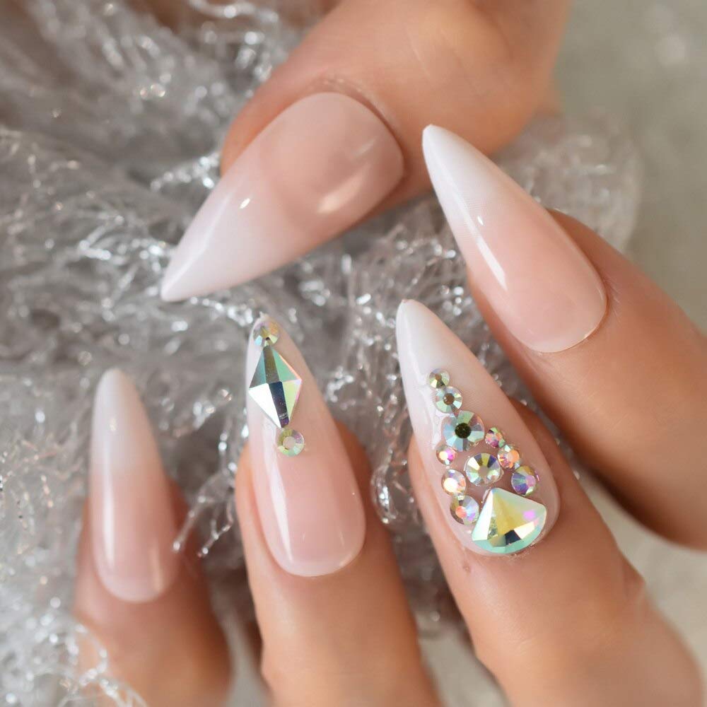 EchiQ Ombre Stiletto Nails - Pink White Gradient Fake Nails with 3D Diamond Rhinestones | Long Luxury False Nails for Parties, Weddings & Special Occasions