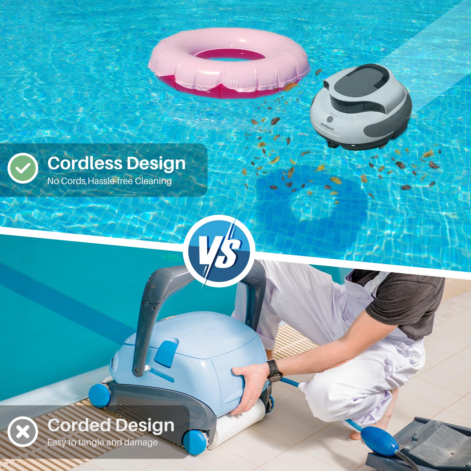 Poolpure Aquaguard SE Cordless Robotic Pool Cleaner - 5000mAh Long-Lasting Battery, Waterproof Design, DIY Stickers - Automatic Vacuum for Above Ground & In-Ground Pools - Perfect for Backyard, Vacation Homes & Commercial Pools