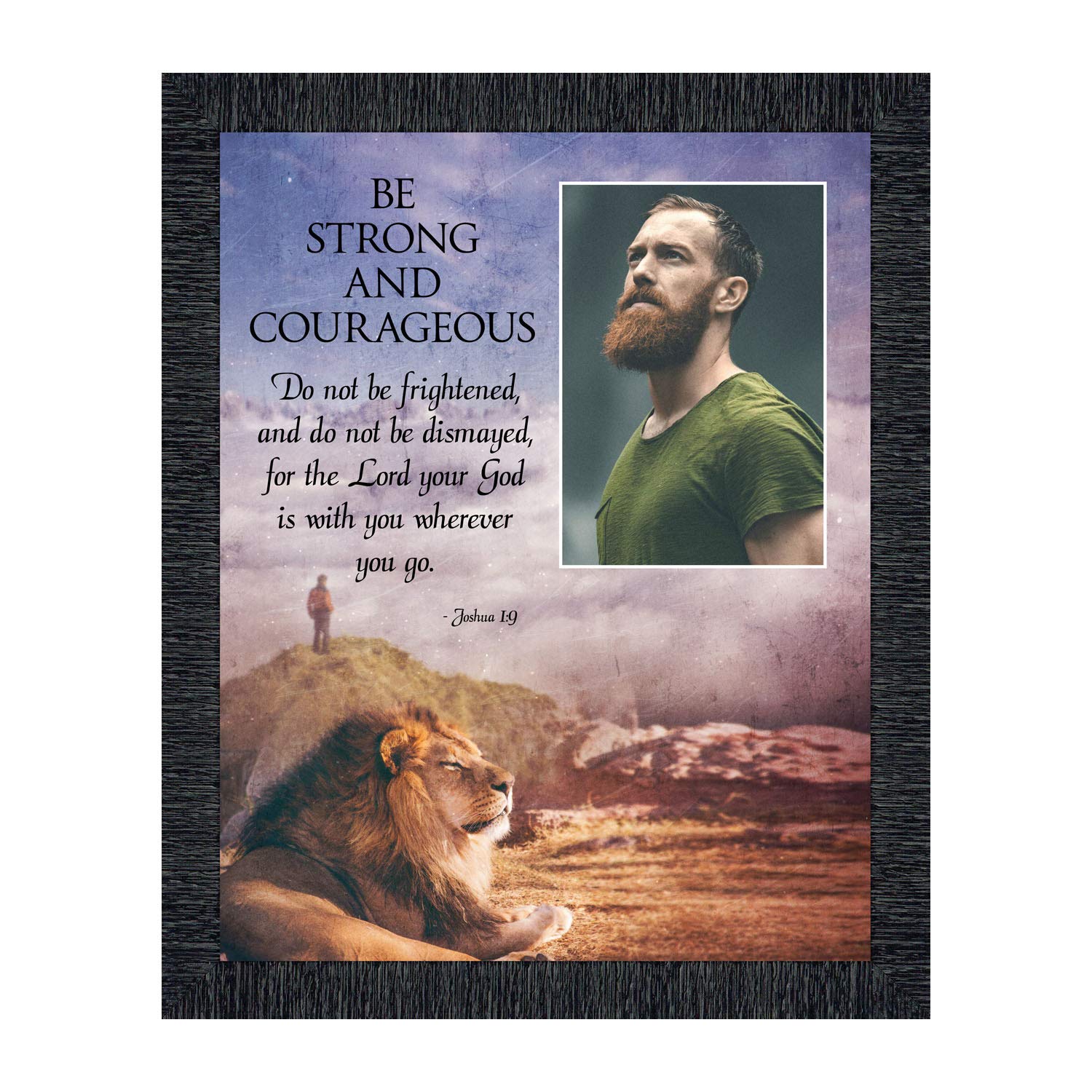 Be Strong and Courageous Lion Picture Frame - Joshua 1:9 Bible Verse Wall Art - Christian Home & Office Decor - Inspirational Gift for Faith-Based Spaces (5012CH)