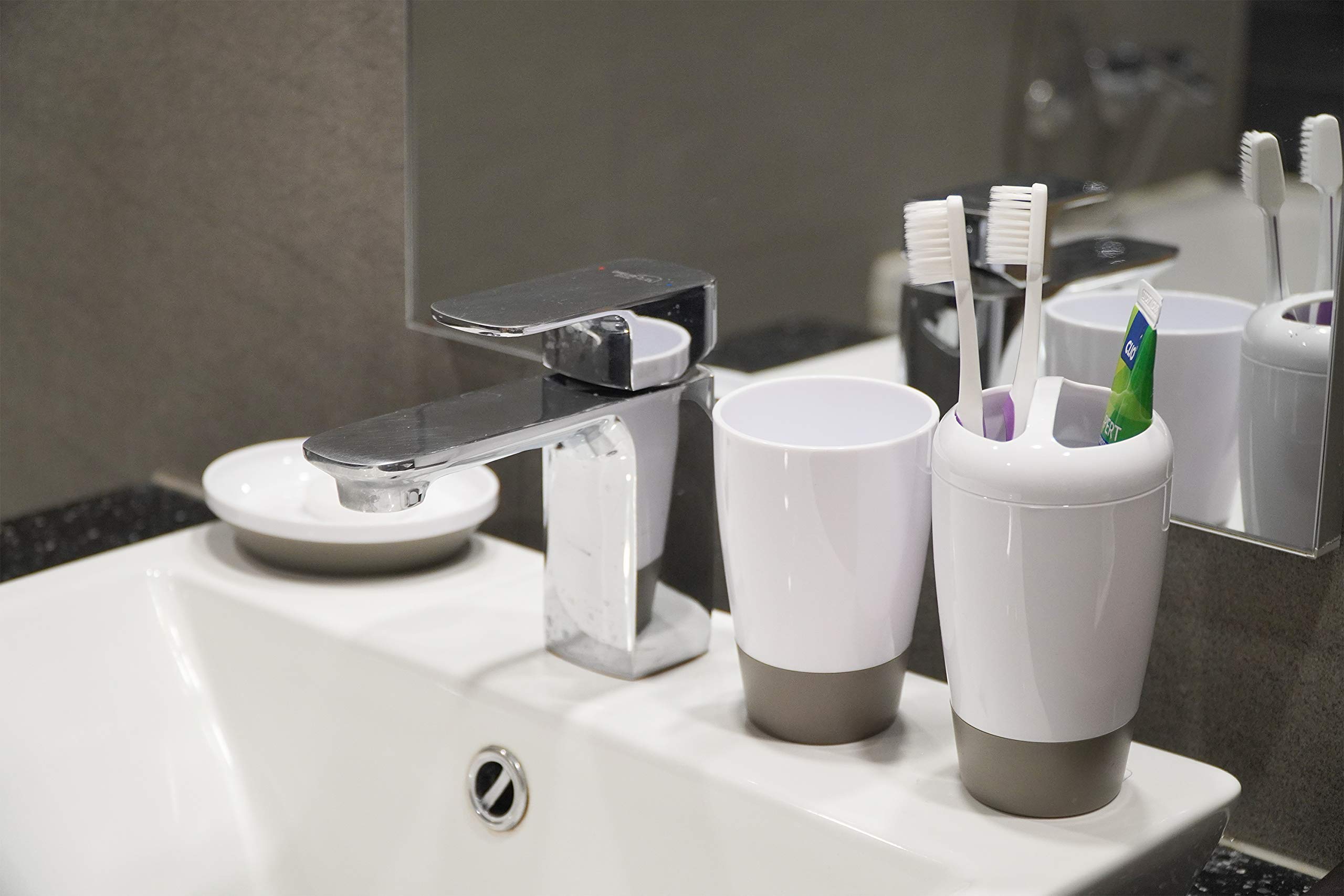Eco-Friendly 6-Piece Bathroom Accessories Set - Toothbrush Holder, Tumbler, Lotion Dispenser, Soap Dish, Toilet Brush & Trash Bin (Black/Red) | Perfect for Modern Homes, Guest Bathrooms & Sustainable Living