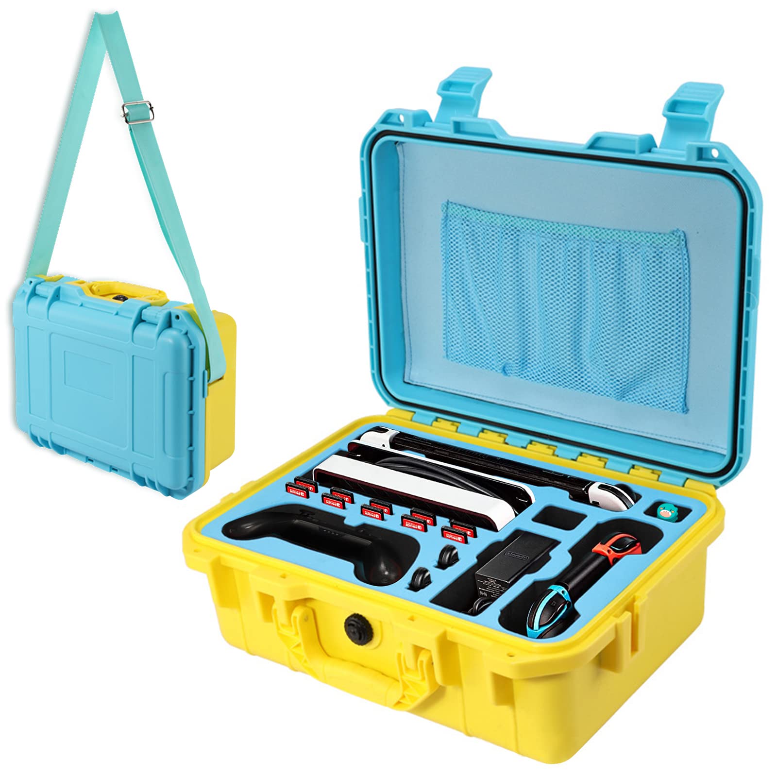 INFURIDER Hard Shell Waterproof Travel Case for Nintendo Switch & Switch OLED - Deluxe Protective Storage Bag with Shoulder Strap for Pro Controller & Accessories (Blue & Yellow) | Portable Gaming Storage for Travel, Commuting & Home Organization