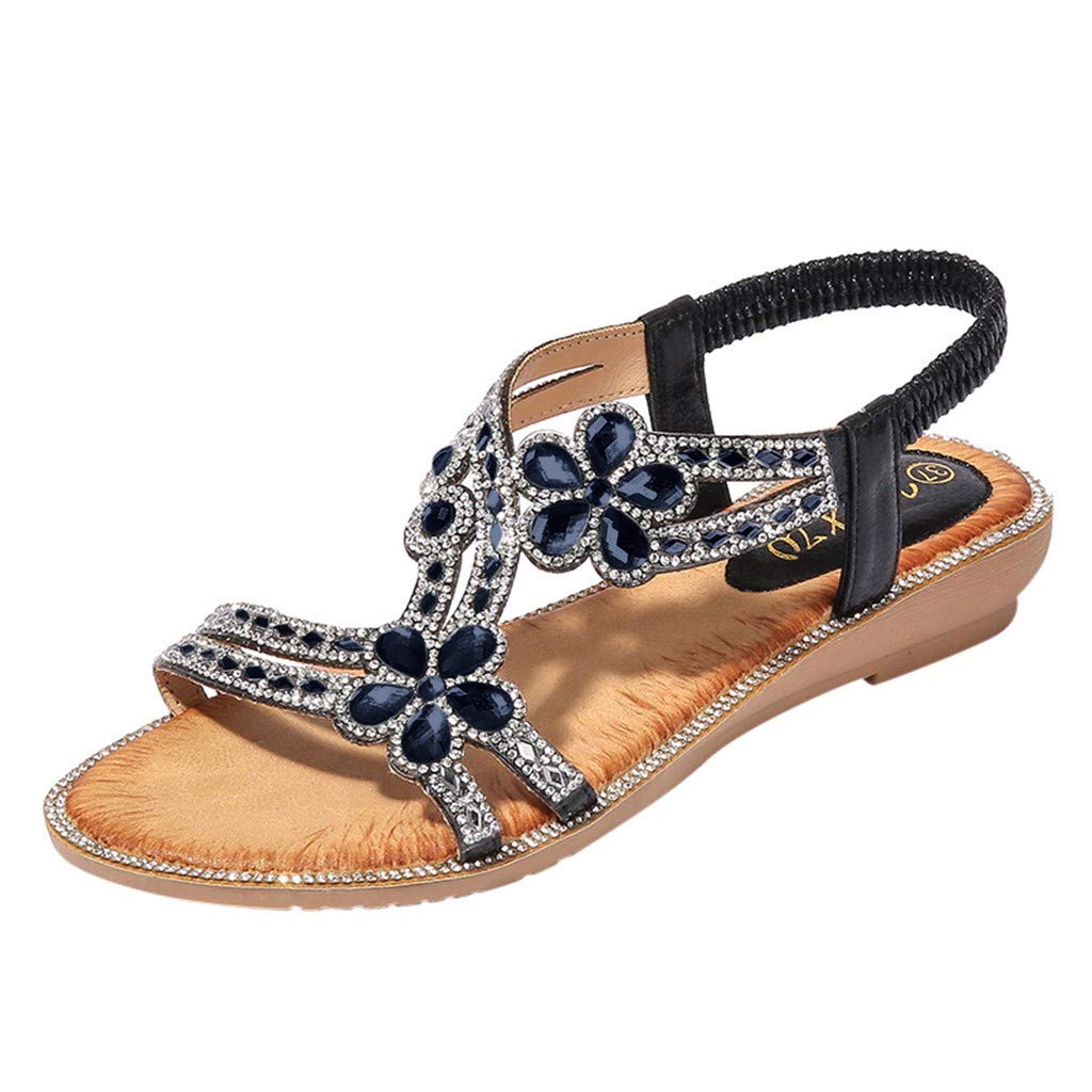 Women's Bohemian Flower Crystal Flat Sandals - Size 10 | Comfortable Summer Beach Shoes for Ladies | Perfect for Vacation, Poolside & Casual Outings