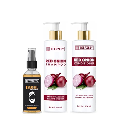 TEEPZEEY Natural Beard Growth Oil (50ml) & Red Onion Shampoo & Conditioner Set (200ml Each) for Thicker, Longer Facial Hair - Promotes Hair Growth & Reduces Hair Loss - Perfect for Men's Grooming & Beard Care Routine
