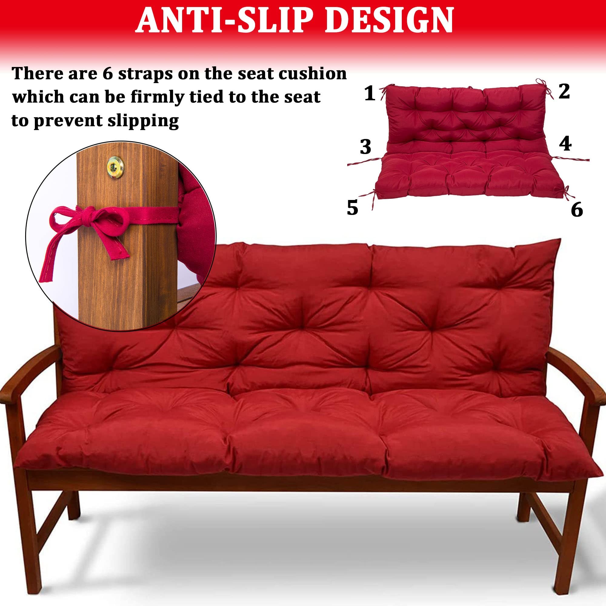 Replacement Seat Cushion for Garden Patio Swing - Waterproof Non-Slip 2-3 Seater Bench Cushion with Backrest & Ties - Durable Outdoor Indoor Furniture Cushion for Porch, Deck, Balcony & Backyard Relaxation