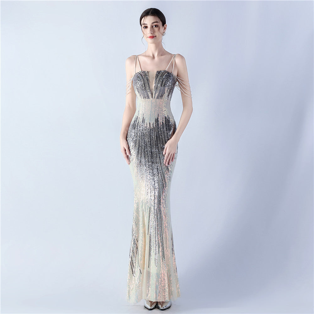 Elegant Beaded Evening Dress with Floral Embellishments - Perfect for Banquets, Celebrations, Performances & Hosting Events | Women's Formal Gown for Special Occasions