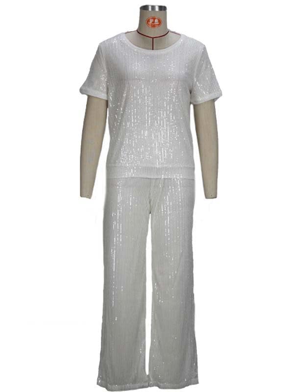 Sparkly Sequin Women's Party Outfit Set - Crewneck Short Sleeve Top & Straight Leg Baggy Pants for Club, Night Out, and Special Occasions