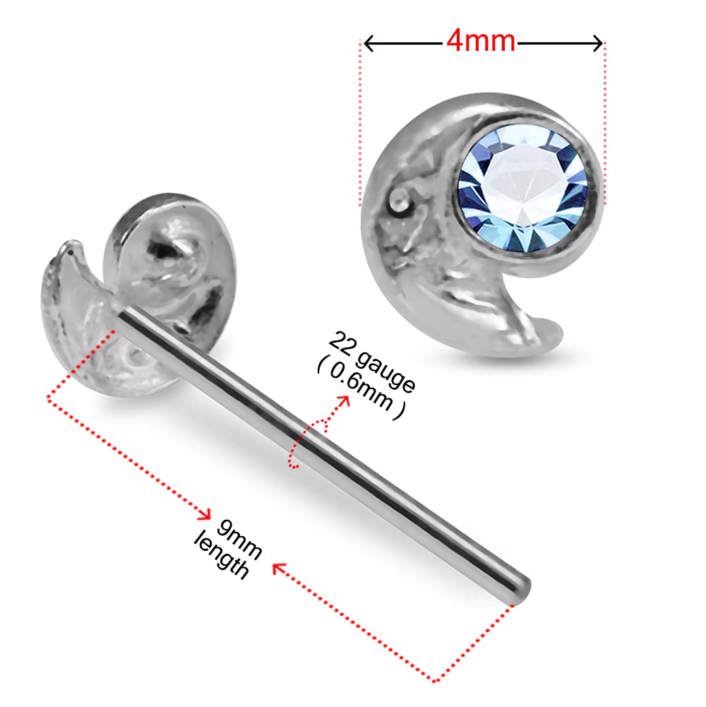 Elegant Jeweled Moon Sterling Silver Straight Nose Pin - Hypoallergenic Body Jewelry for Women | Perfect for Parties, Weddings & Festive Occasions