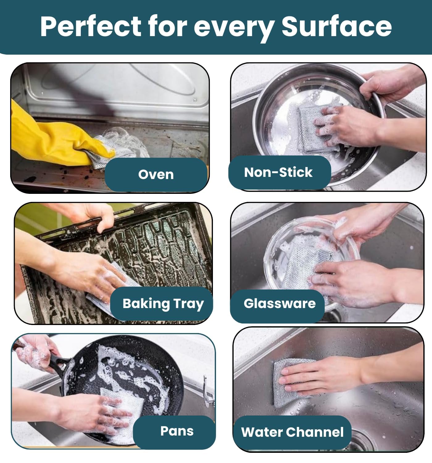 Stainless Steel Scrubber Pads - 6 Pack Multipurpose Wire Dishwashing Rags for Wet & Dry Cleaning, Non-Scratch Dishcloth for Washing Dishes, Sinks, Countertops - Perfect for Kitchen Cleaning & Household Chores