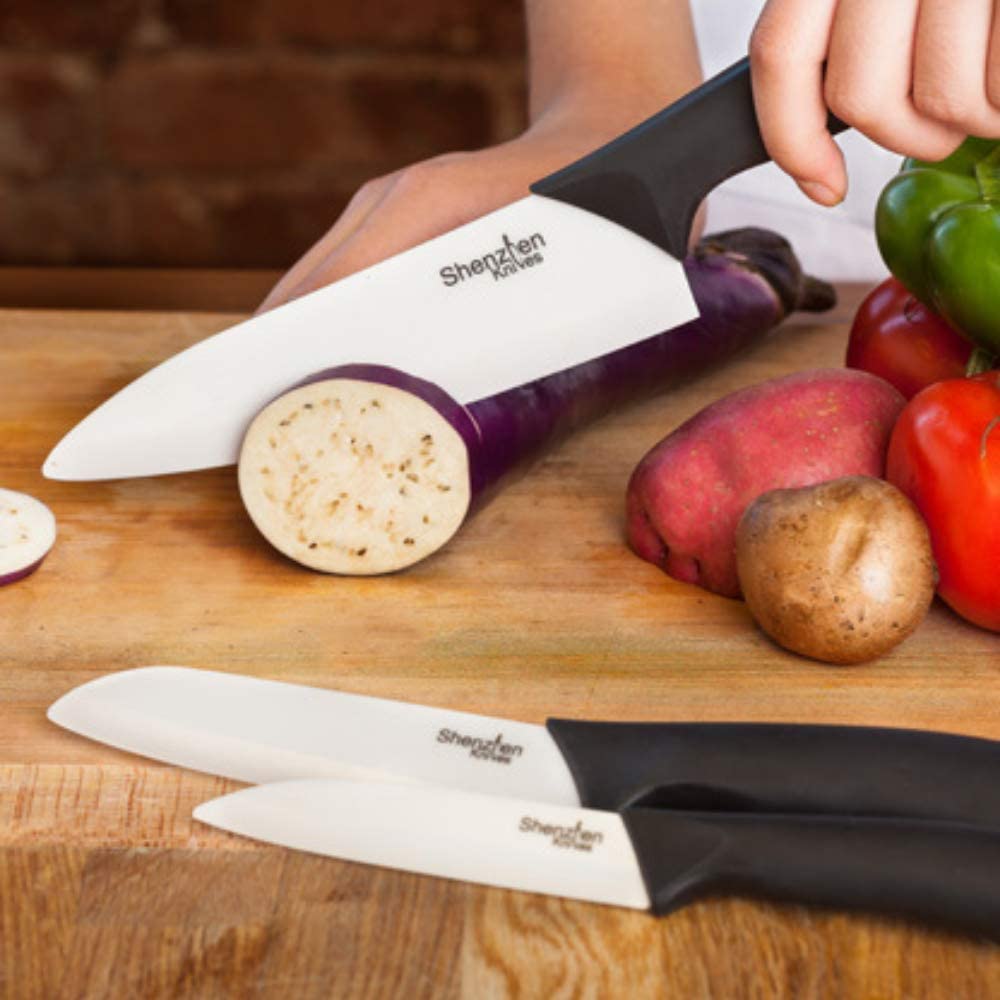 Premium White Ceramic Knife Set - 3-Piece Kitchen Knives with Electric Diamond Knife Sharpener & Replacement Cartridges (3-Pack Bundle) | Ultra Sharp Blades for Slicing, Dicing & Food Prep | Perfect for Home Chefs & Professional Kitchens