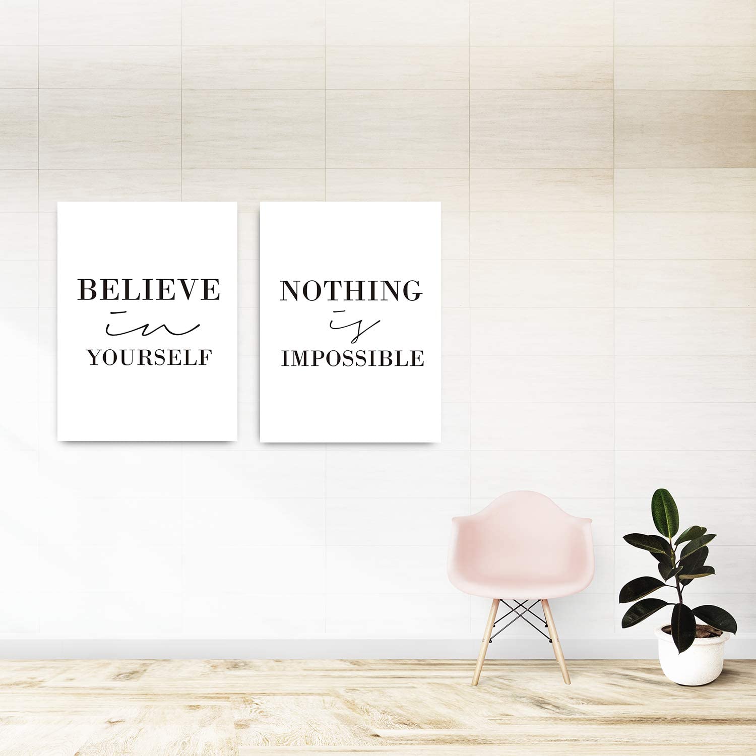 Set of 2 Inspirational Canvas Wall Art - 'Believe in Yourself' & 'Nothing is Impossible' Motivational Paintings - 47x31 Inch Framed Ready to Hang Decor for Living Room, Office, Bedroom, Hotel & Spa - Perfect for Home Decor & Motivational Gifts