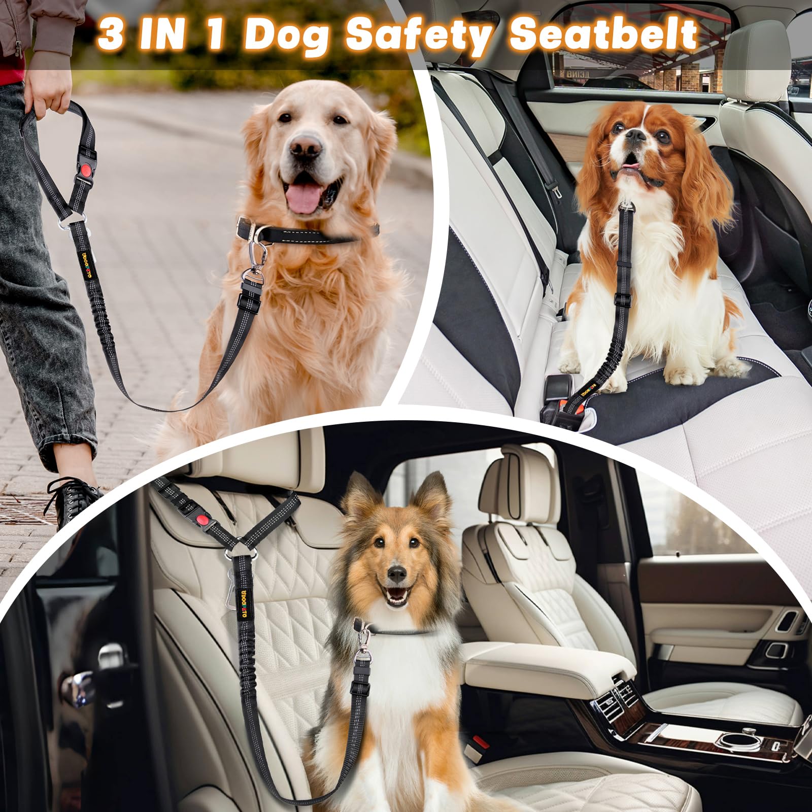 Adjustable 4-in-1 Reflective Dog Car Seatbelt with Hook & Buckle, Secure Dog Seat Belt Harness for Vehicle Headrest & Swivel Carabiner, Includes Poop Bag, Black - Ideal for Safe Car Travel and Outdoor Adventures