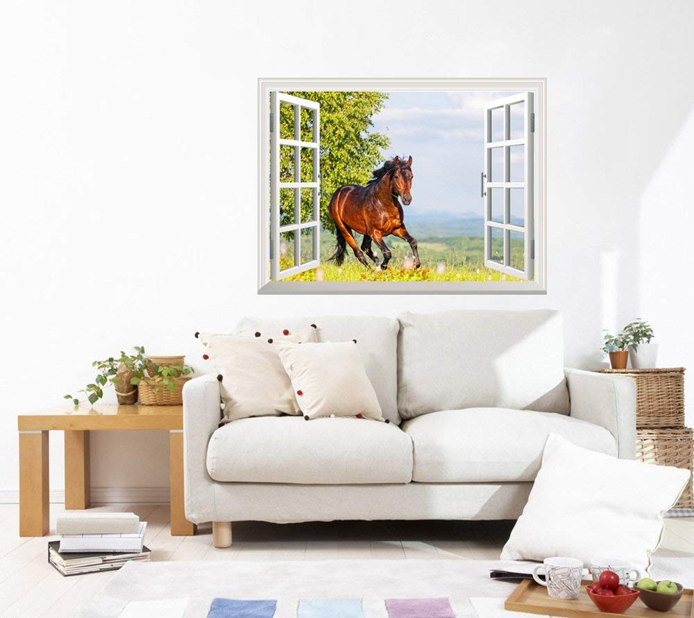 Wall26 Removable Wall Sticker - Brown Horse Running on Meadow Mural, Window View Wall Art Decor 24x32 Inches - Perfect for Living Room, Bedroom & Nursery Decor