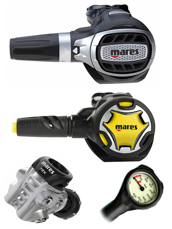 Mares Ultra 72X Scuba Diving Regulator Set with Octopus & Free Thermometer Gauge - DIN or Yoke Options for Professional and Recreational Divers | Perfect for Deep Sea Exploration, Coral Reef Diving, and Underwater Photography