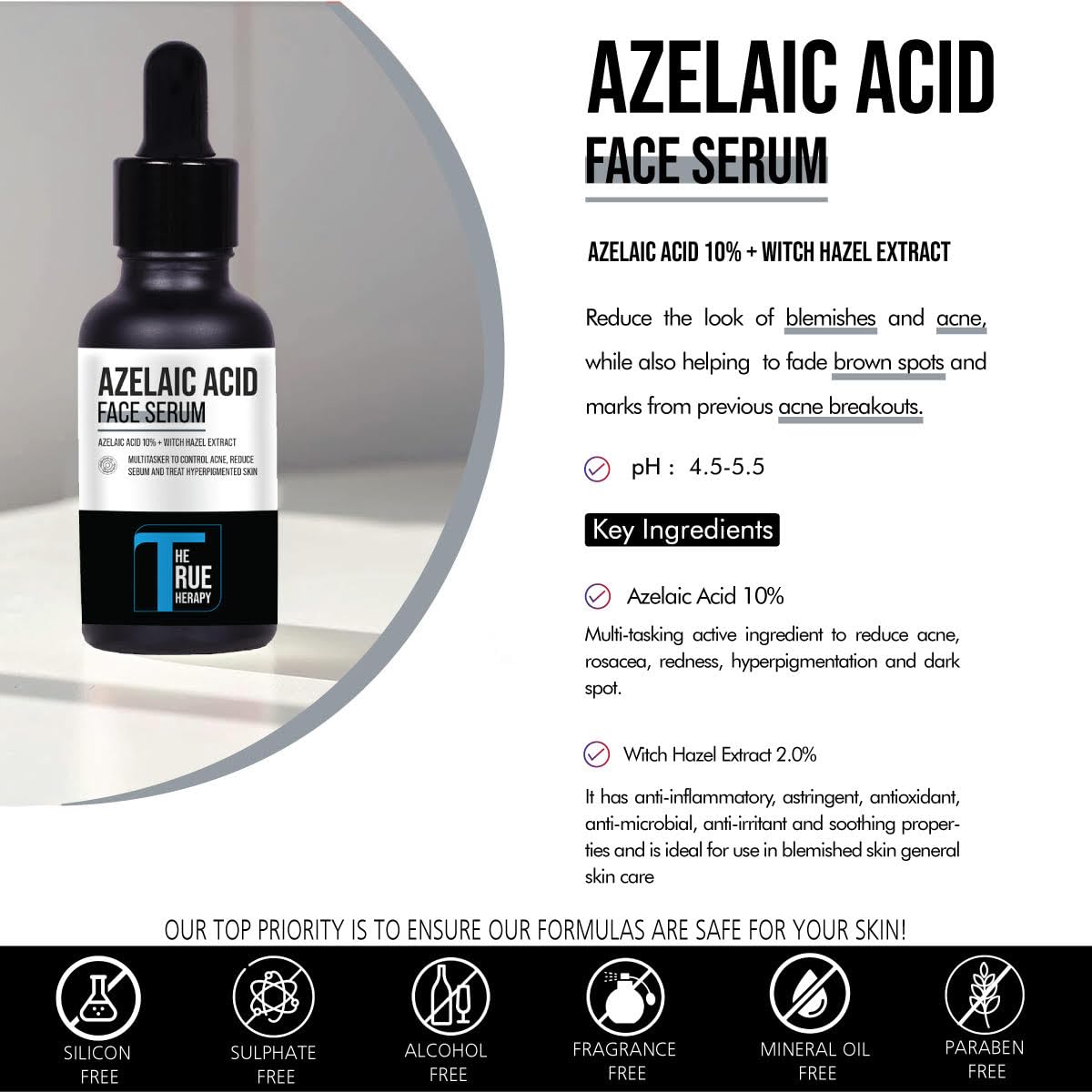 **10% Azelaic Acid Face Serum with Witch Hazel Extract – Anti-Inflammatory, Cystic Acne & Rosacea Treatment – Reduces Redness, Hyperpigmentation & Excess Oil – 30ml – Perfect for Sensitive & Acne-Prone Skin**    *(Use Case: Ideal for daily skincare routines to soothe irritation, fade dark spots, and control oily skin for a clearer, healthier complexion.)*