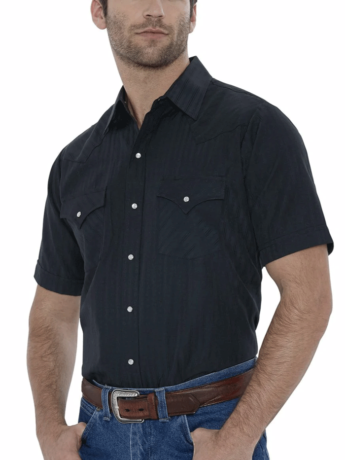 Ely Cattleman Men's Short Sleeve Western Shirt - Black Tone-on-Tone Plaid Design for Country Style & Casual Wear - Perfect for Rodeo, Ranch Work and Western Fashion