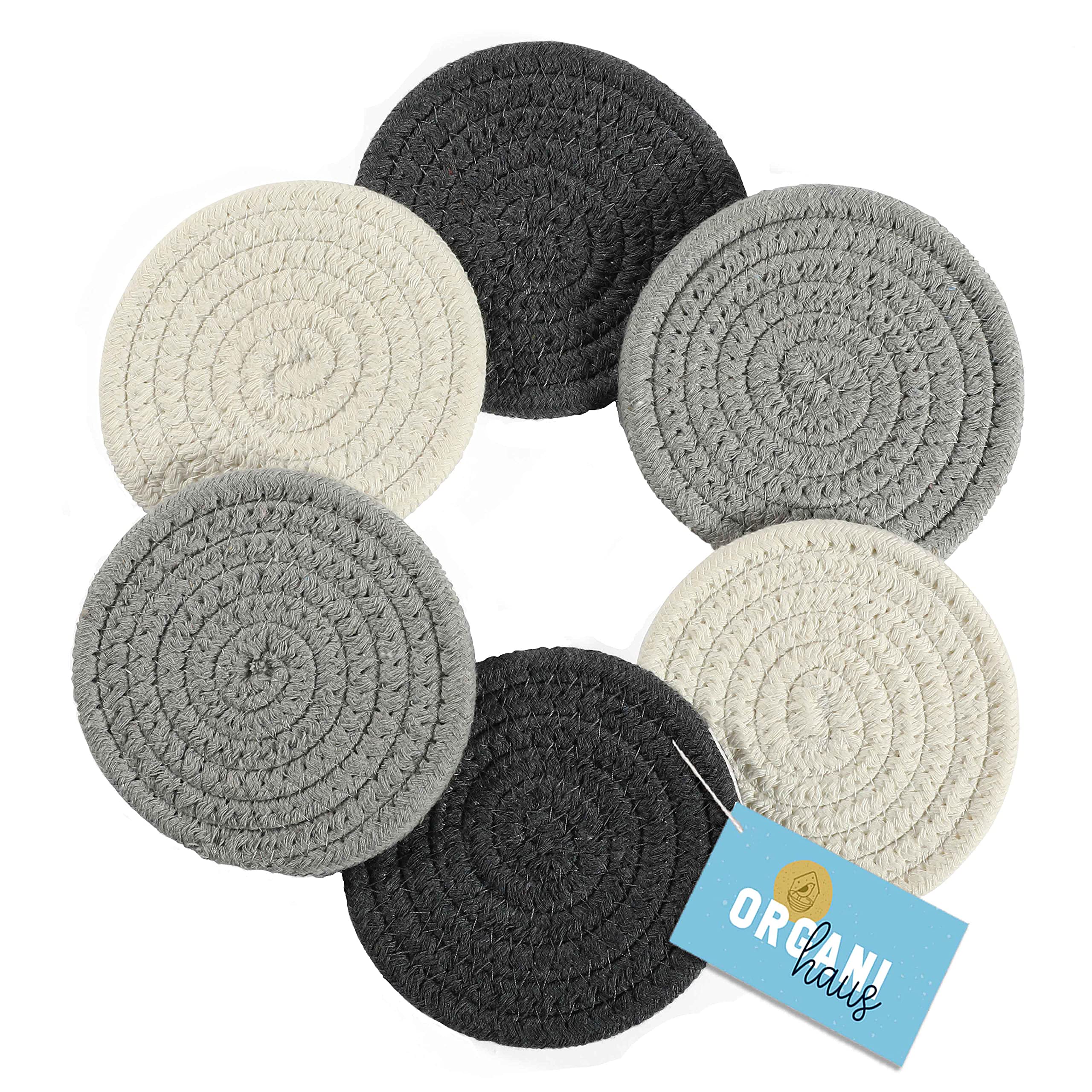 Set of 6 Gray Woven Coasters - Absorbent Drink Pads for Coffee Tables & Home Decor
