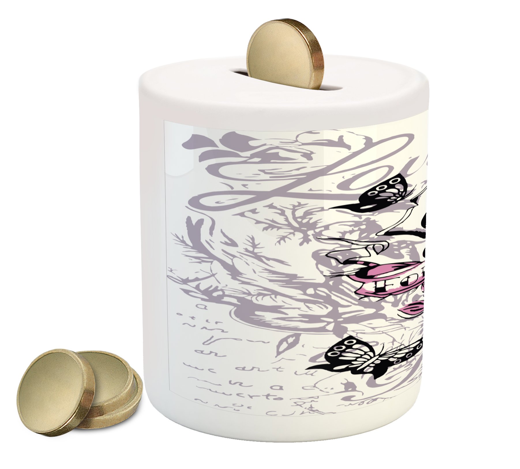 Ambesonne Ceramic Piggy Bank - Abstract Rose & Butterflies Victorian Design, Pink Coin Bank for Cash Savings | Perfect for Kids, Collectors & Home Decor