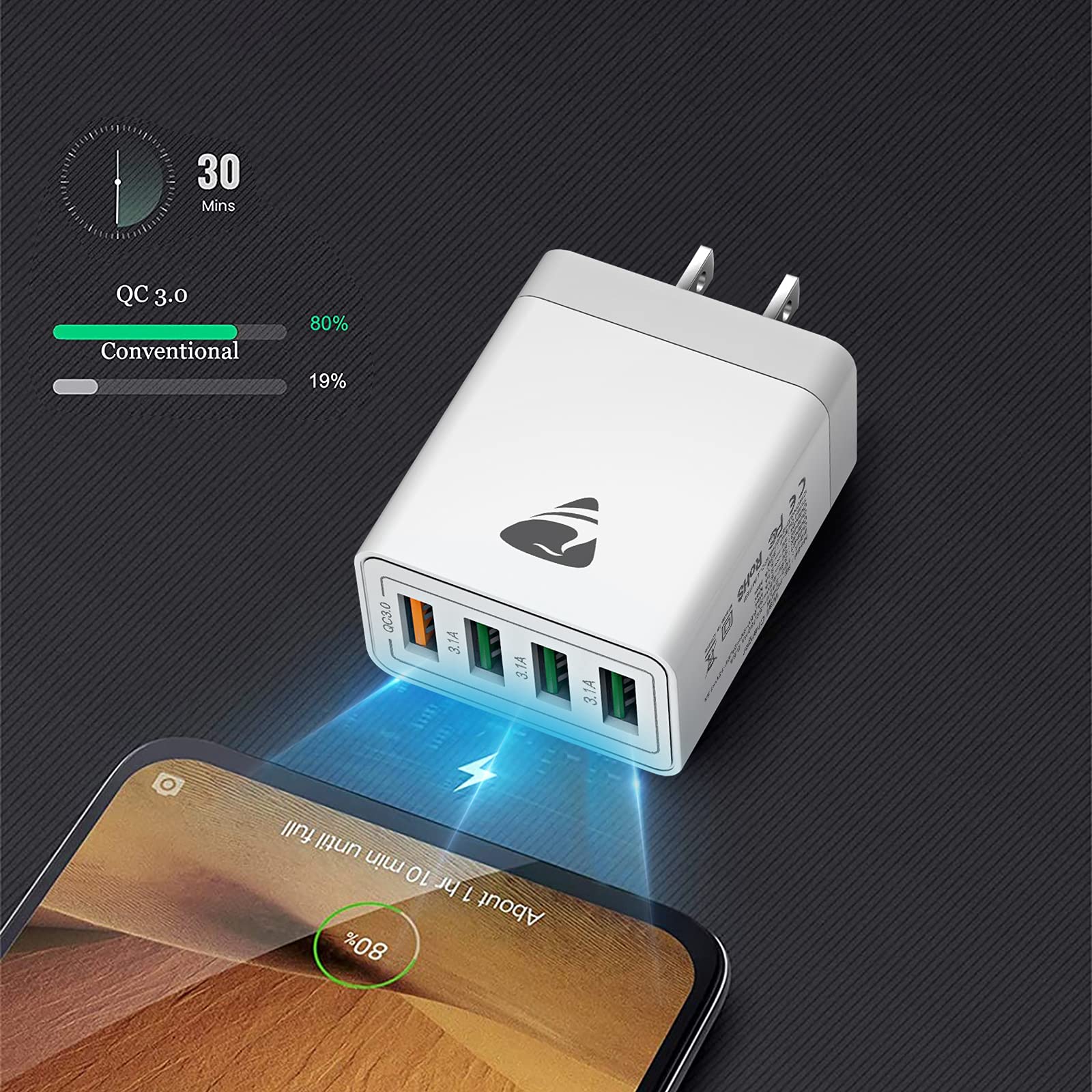 Aioneus 40W 4-Port USB Wall Charger Fast Charging Block - Multi Port Cube Power Adapter for iPhone 15/14/13/12/11 Pro Max/XS/XR/8, Samsung Galaxy & Android Phones - Perfect for Home, Office & Travel Charging Needs
