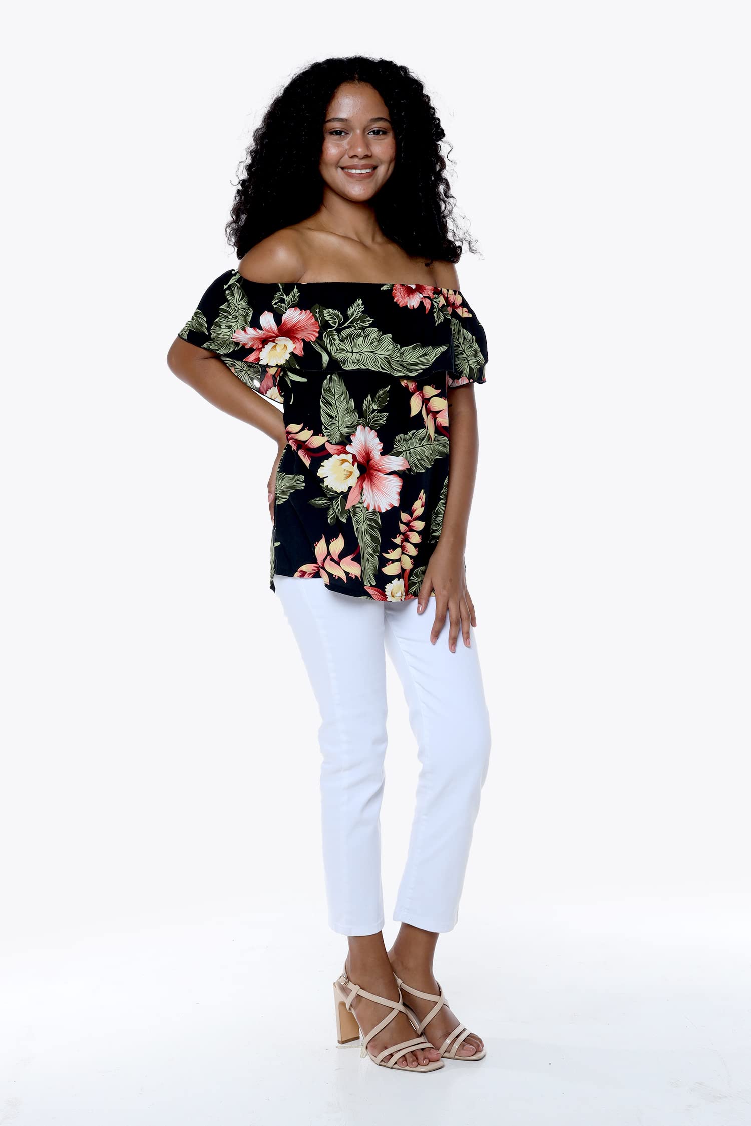 Women's Hawaiian Off-Shoulder Ruffle Muumuu Top Floral Print - Beach Vacation, Summer Party & Boho Outfit Essential