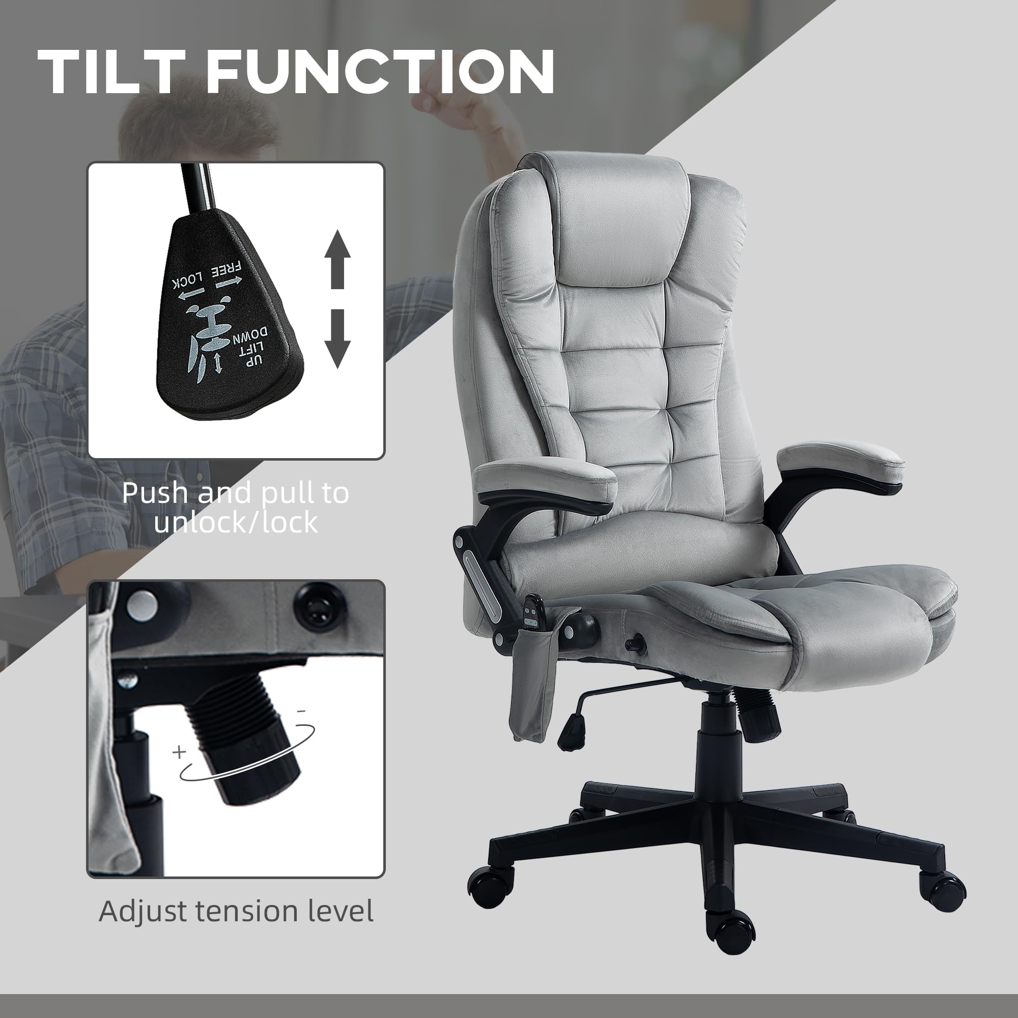 HOMCOM 6-Point Vibrating Massage Office Chair with Heating - High Back Executive Chair, Reclining Backrest, Padded Armrests & Remote Control - Gray - Perfect for Home Office, Gaming & Relaxation