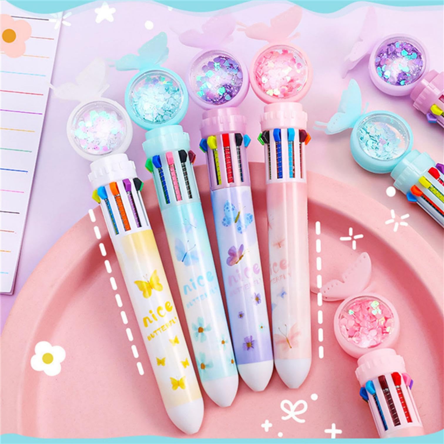4pcs Multi-Color 10-in-1 Retractable Ballpoint Pens Set - 0.5mm Fine Point Butterfly Design Writing Pens for School, Office & Home Use - Perfect for Students, Kids & Stationery Lovers (Random Colors)