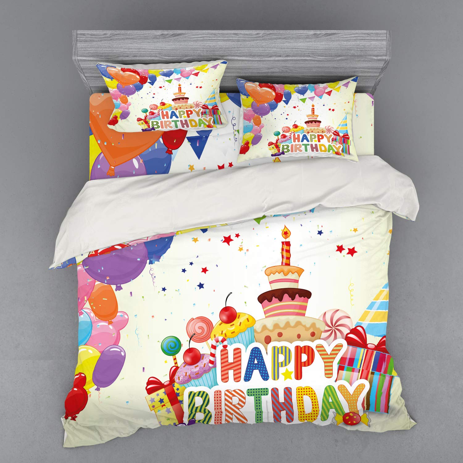 Ambesonne Birthday Bedding Set - 4 Piece Duvet Cover Set with Shams & Fitted Sheet, King Size, Heart-Shaped Balloons, Cupcakes & Party Hats Design, Vibrant Multicolor - Perfect for Birthday Parties, Room Decor & Gift Giving