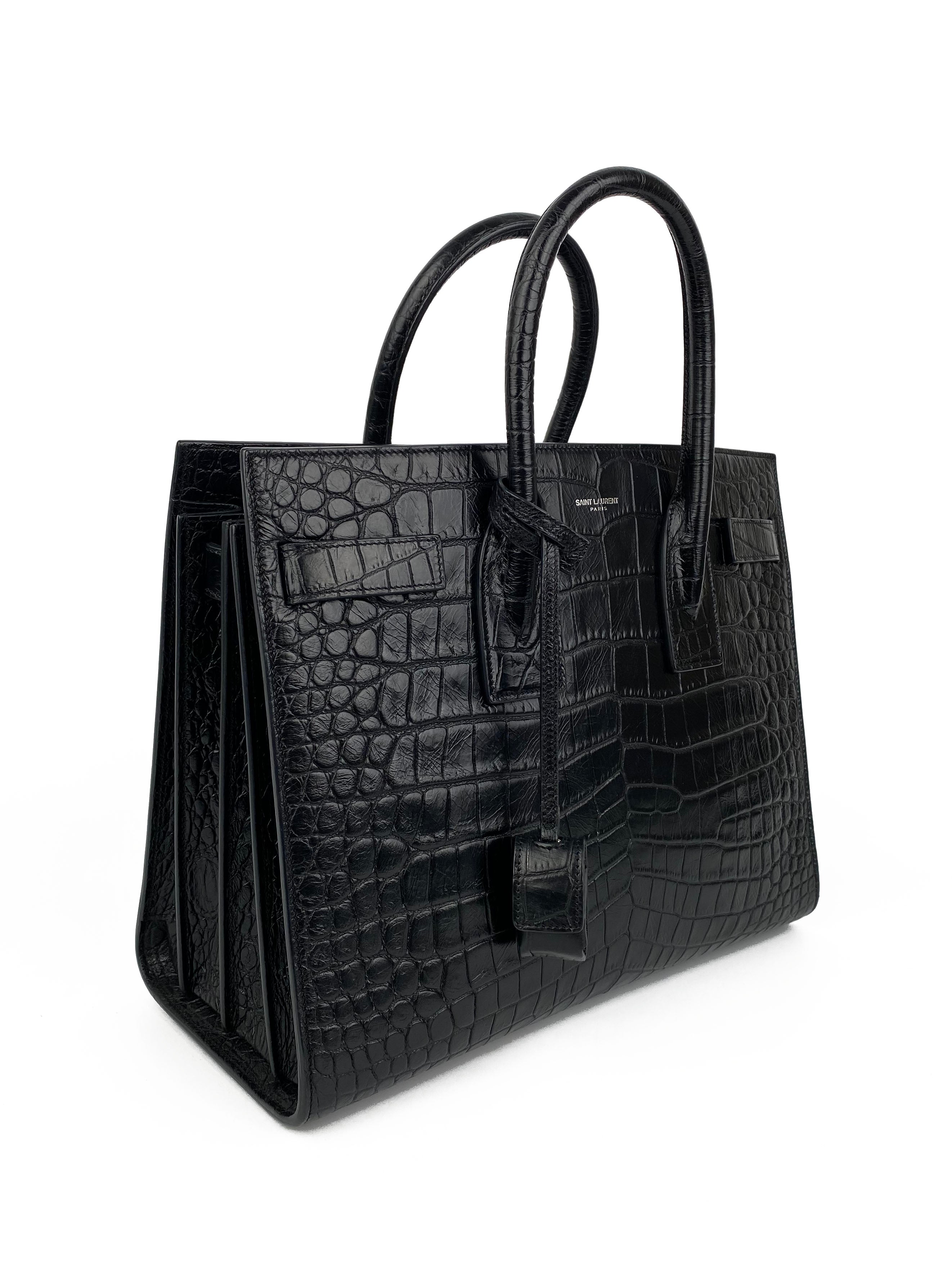 Saint Laurent Small Black Croc-Embossed Leather Sac de Jour Handbag for Women | Luxury Designer Tote Bag for Work, Travel & Everyday Use