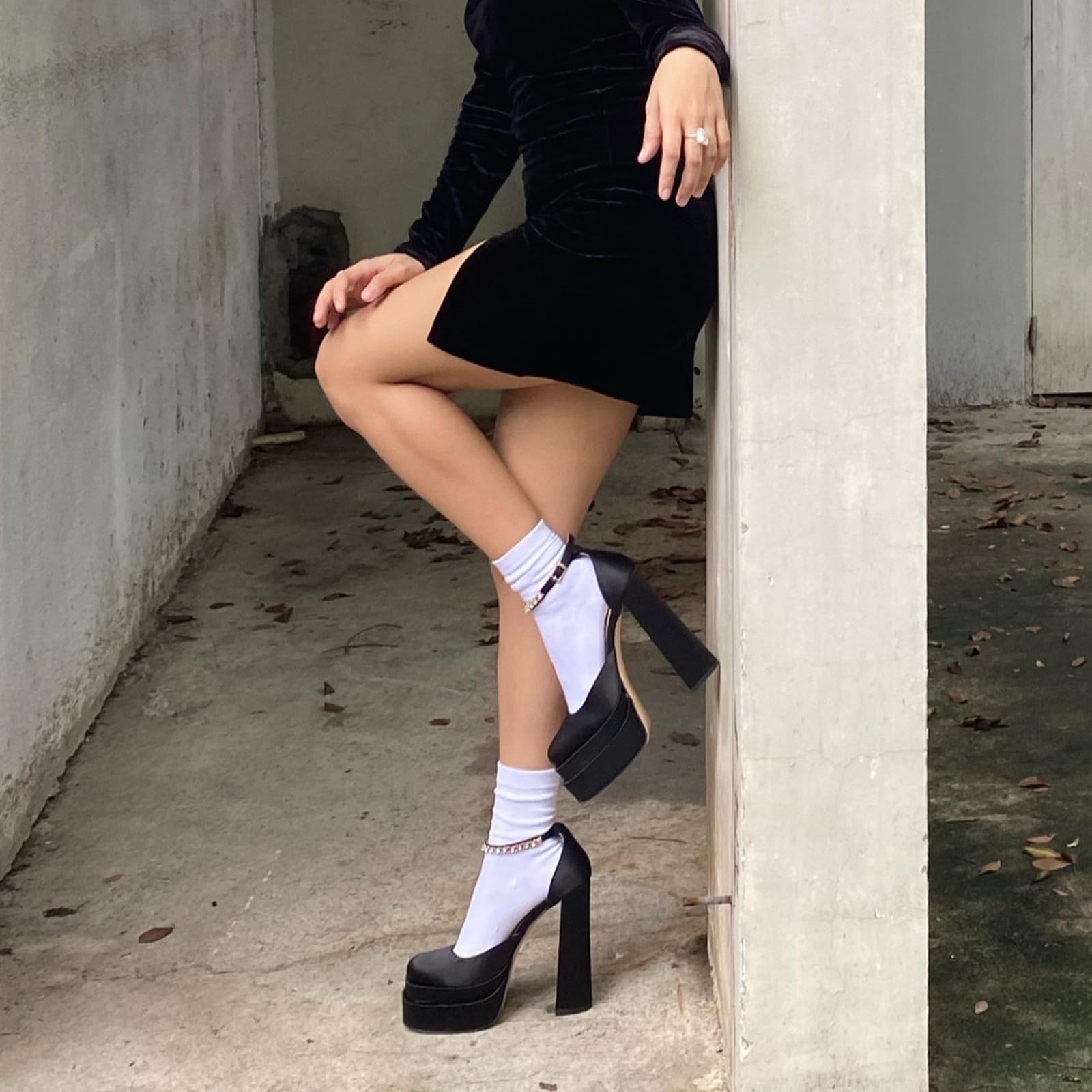 Women's Chunky Heel Platform Pumps - Square Toe Rhinestone Ankle Strap Satin Dress Shoes for Party, Wedding & Evening Events