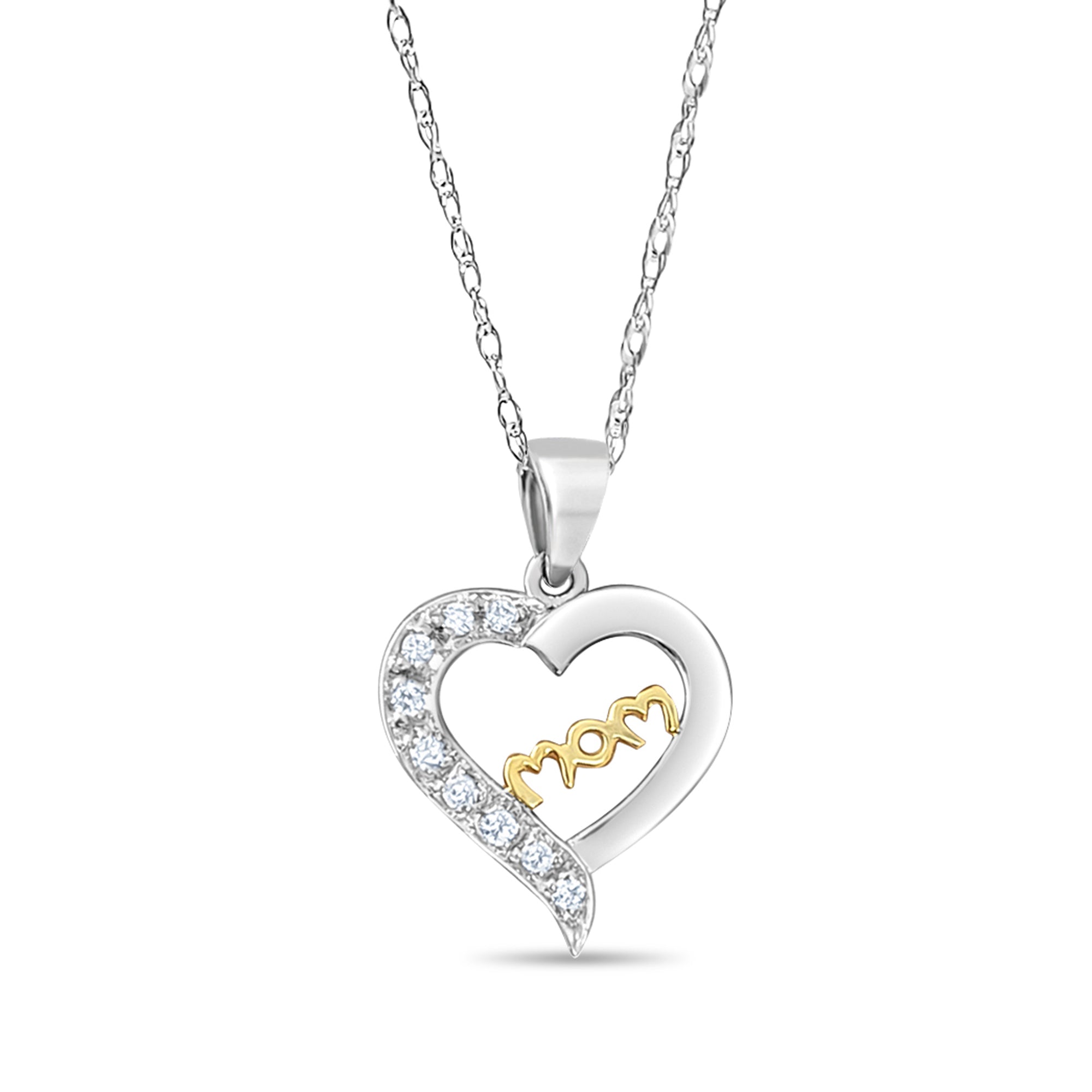 Heart Shaped MOM Diamond Necklace .25cttw 10k Two-Tone Gold - Perfect Gift for Mother's Day, Anniversary & Valentine's Day