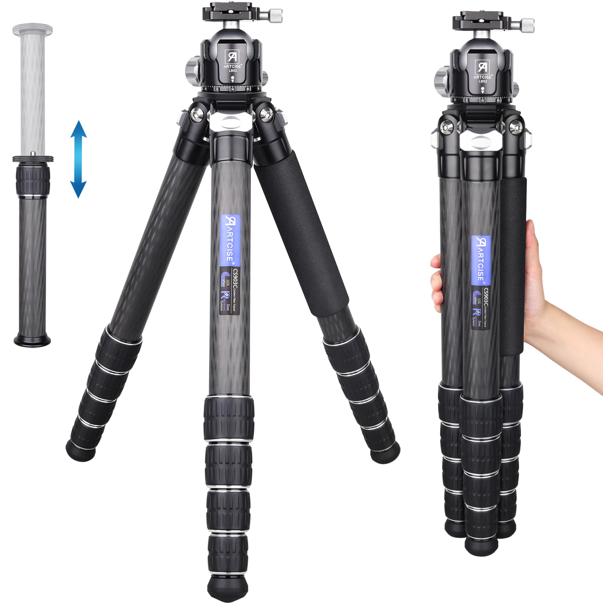 ARTCISE Professional Carbon Fiber Tripod with 52mm Low Profile Ball Head - Heavy Duty Camera Tripod, 10-Layer Carbon Fiber, 5-Section Legs (Max 40mm Diameter), Supports 88lbs/40kg - Perfect for DSLR Photography, Videography & Outdoor Shooting