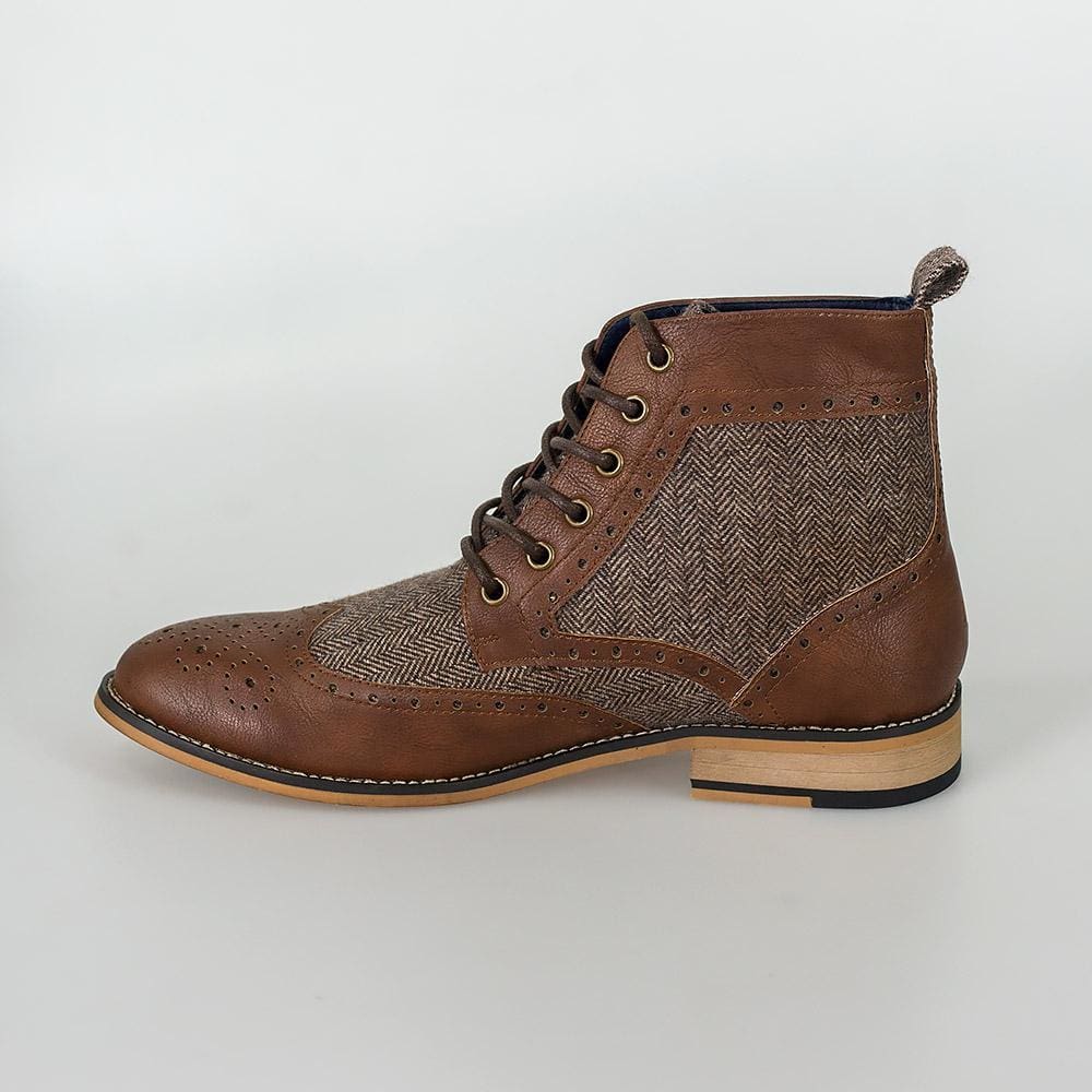 Cavani Sherlock Brown Men's Tweed Brogue Boots - Classic Vintage Style Leather Ankle Boots for Men - Perfect for Fall Winter, Office Wear & Casual Outfits