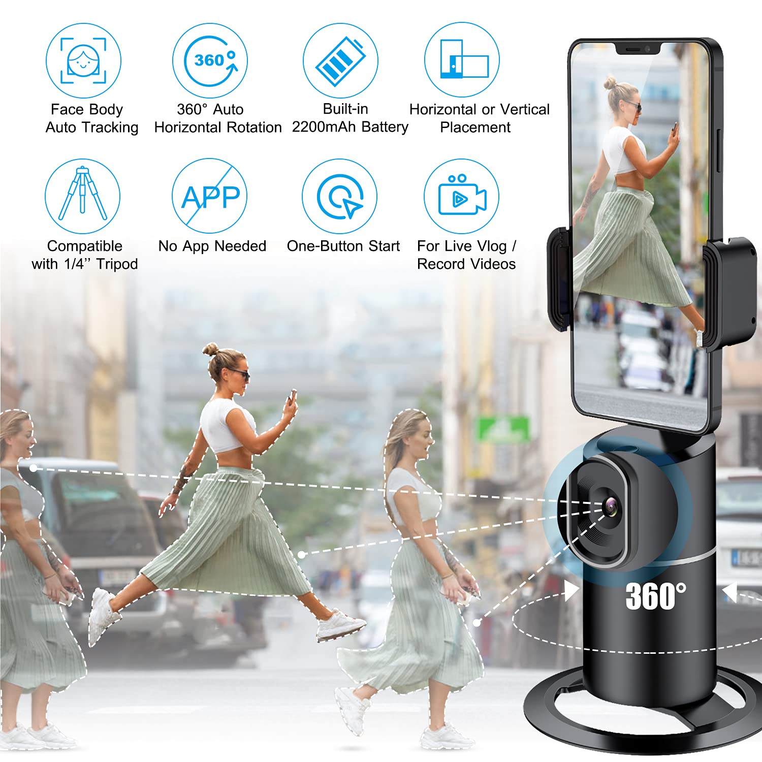 Auto Face Tracking Phone Tripod Stand - 360° Rotation Smart Body Tracking Selfie Mount for iPhone & Android - No App Required - Perfect for TikTok, Vlogging, YouTube Live Streaming & Video Recording