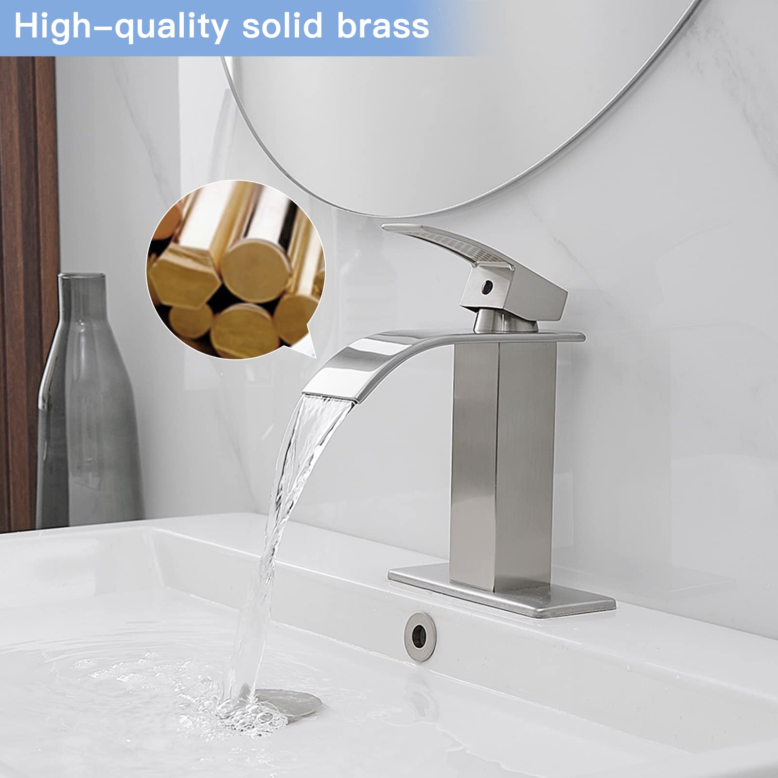 BWE Brushed Nickel Waterfall Bathroom Faucet - Single Handle Vanity Sink for Modern Bathrooms