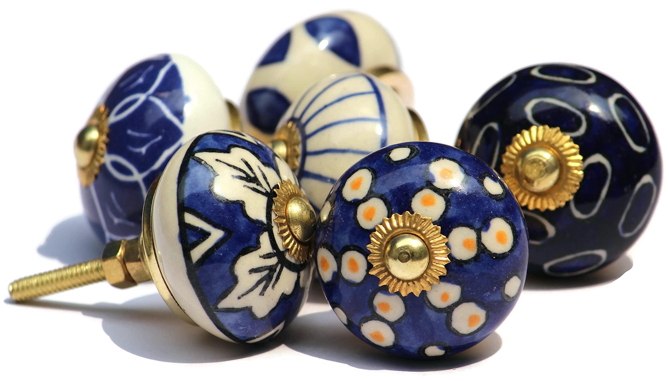 owlKraft Set of 6 Blue Blessing Theme Ceramic Door Knobs - Cabinet & Drawer Handles - Vintage Style Hardware for Kitchen Cabinets, Dressers & Furniture DIY Upgrade