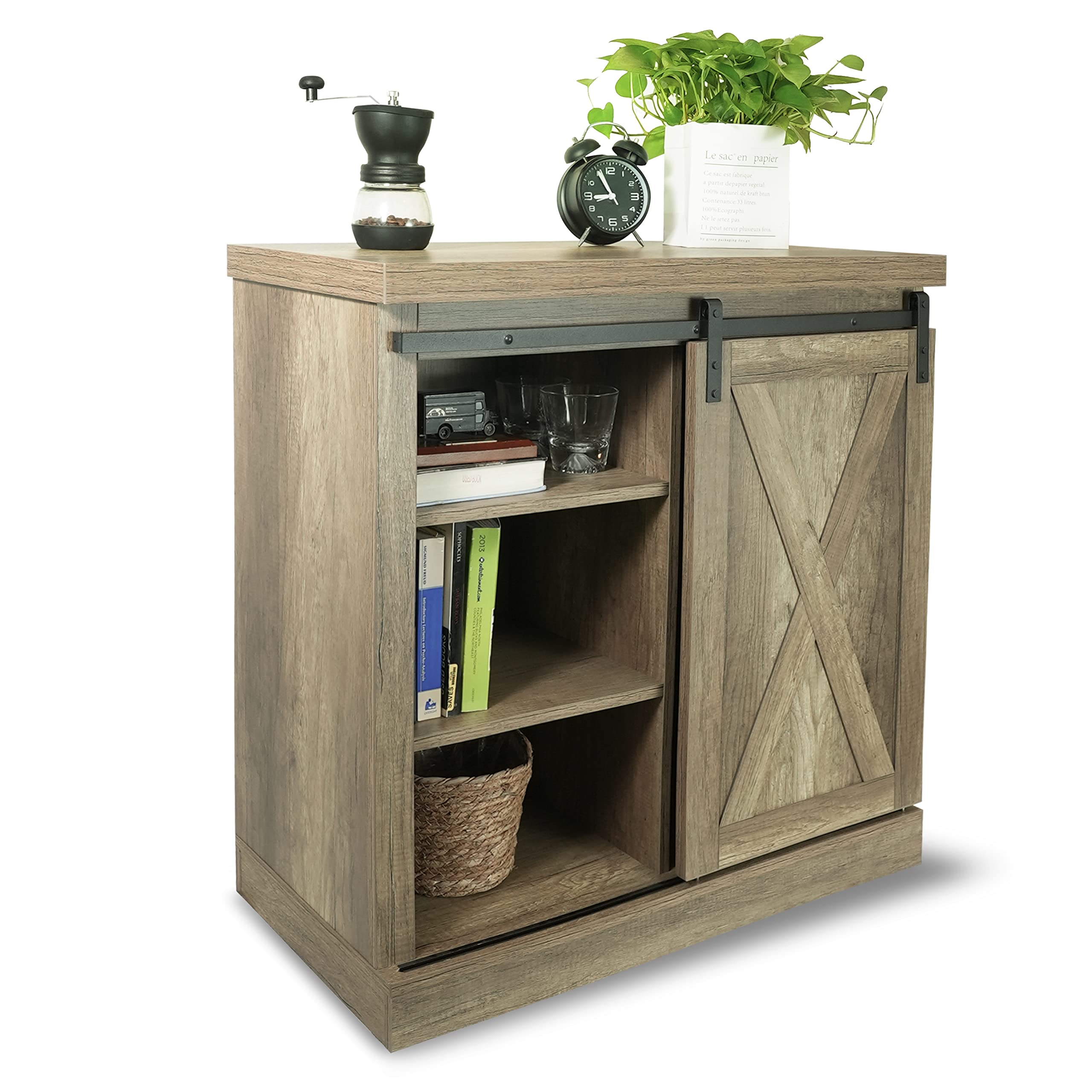 CONSDAN 3-Tier Storage Cabinet with Sliding Barn Door - Modern Kitchen Pantry Organizer, Buffet Sideboard for Dining Room & Living Room Storage - Perfect for Home Organization & Small Space Decor