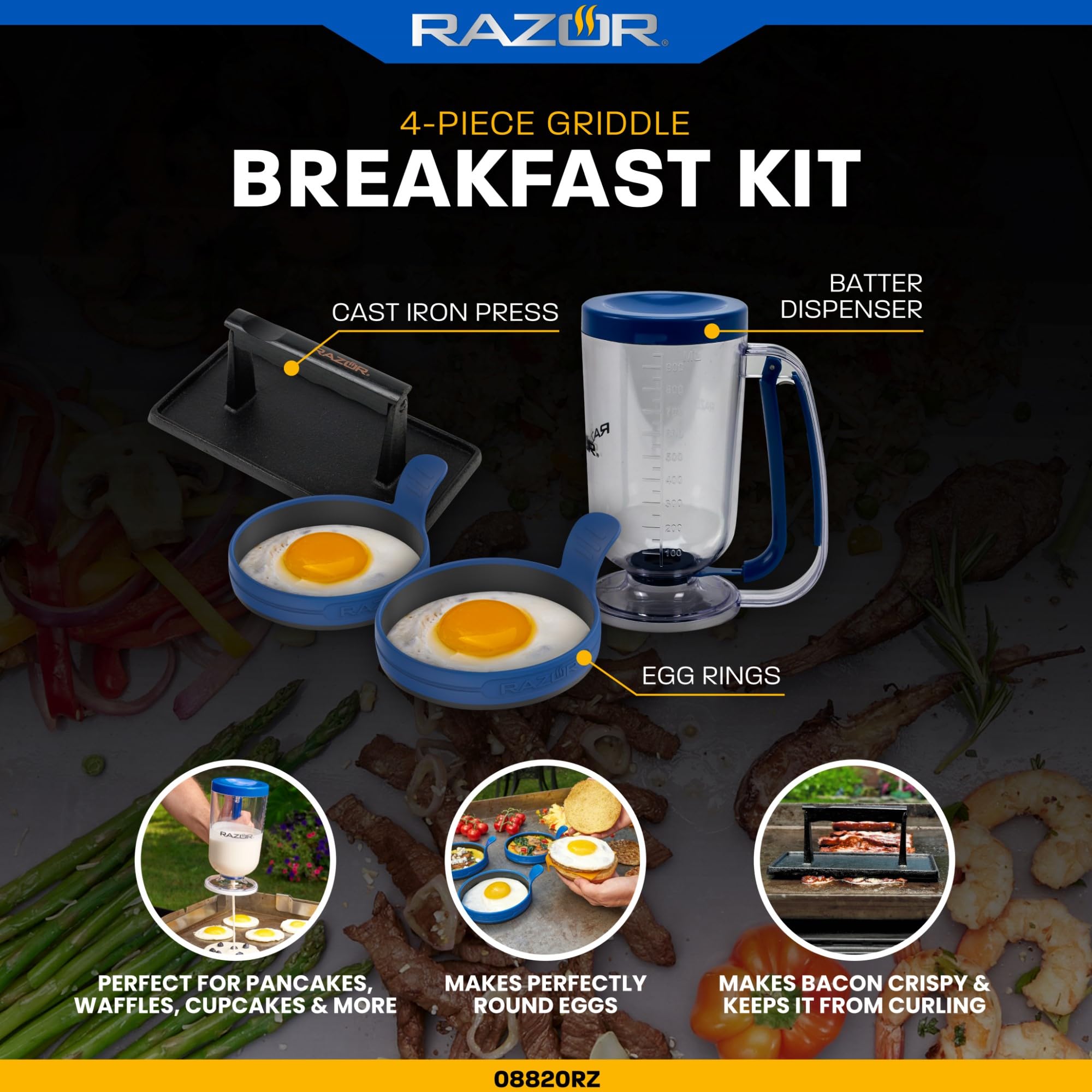 RAZOR 4-Piece Breakfast Kit for Griddle - Pancake Batter Dispenser, 2 Silicone Egg Rings & Cast Iron Griddle Press | Perfect for Camping, RV Trips & Outdoor Cooking | Non-Stick & Durable Cooking Accessories