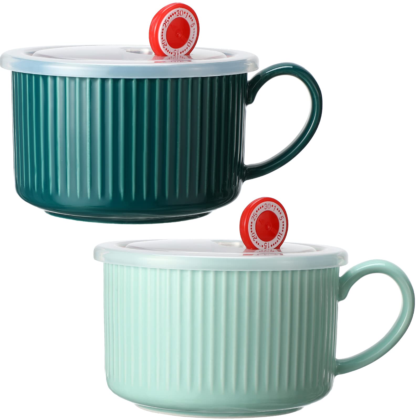 2-Pack Nuenen 30oz Ceramic Soup Bowls with Lids & Handles - Microwave & Dishwasher Safe - Large Colorful Ramen Noodle Bowls for Cereal, Soup, Pasta (Blue & Dark Green) - Perfect for Home, Office & Dorm Use
