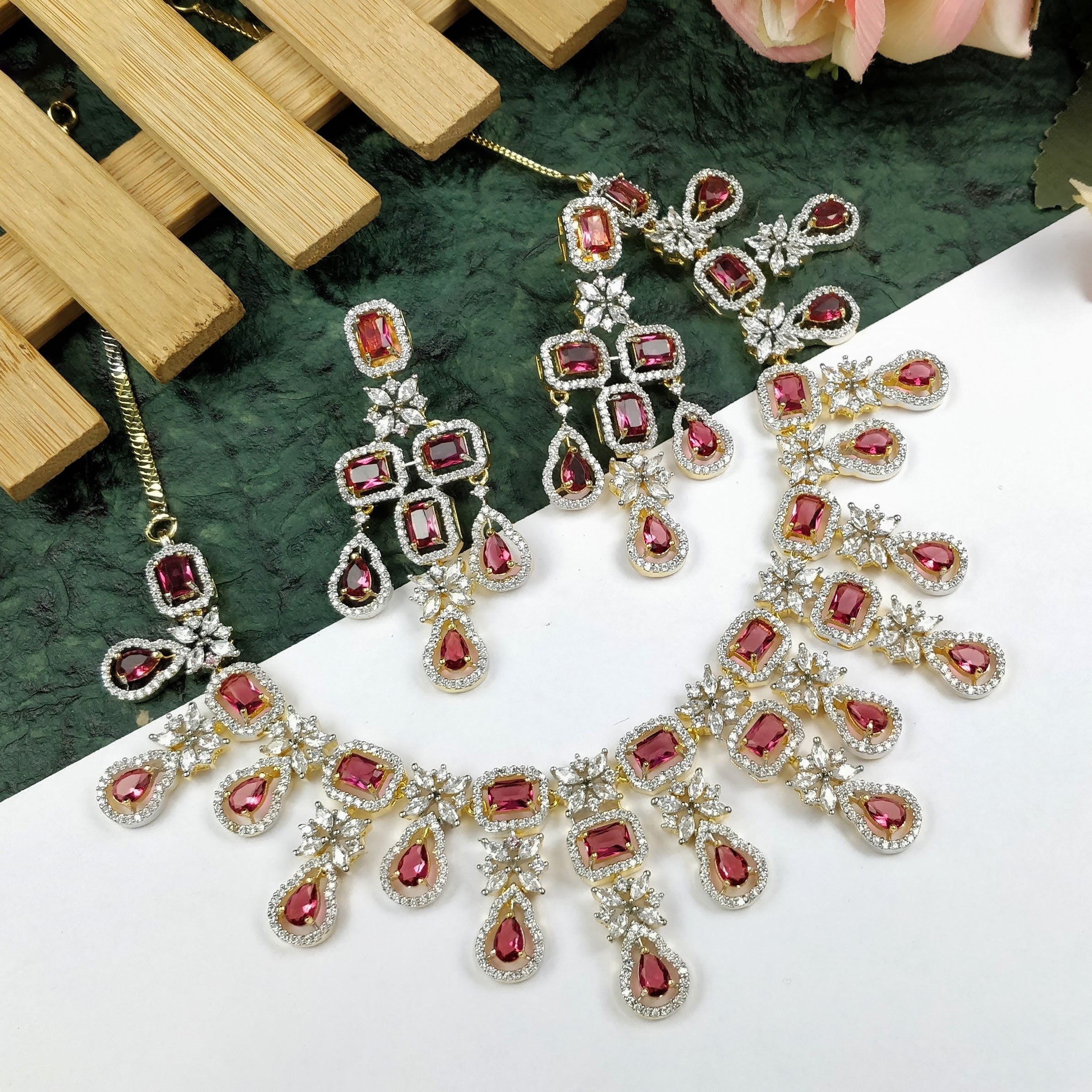 American Diamond & Semi-Precious Ruby Necklace Set (D715) – Elegant Jewelry for Weddings, Parties & Special Occasions