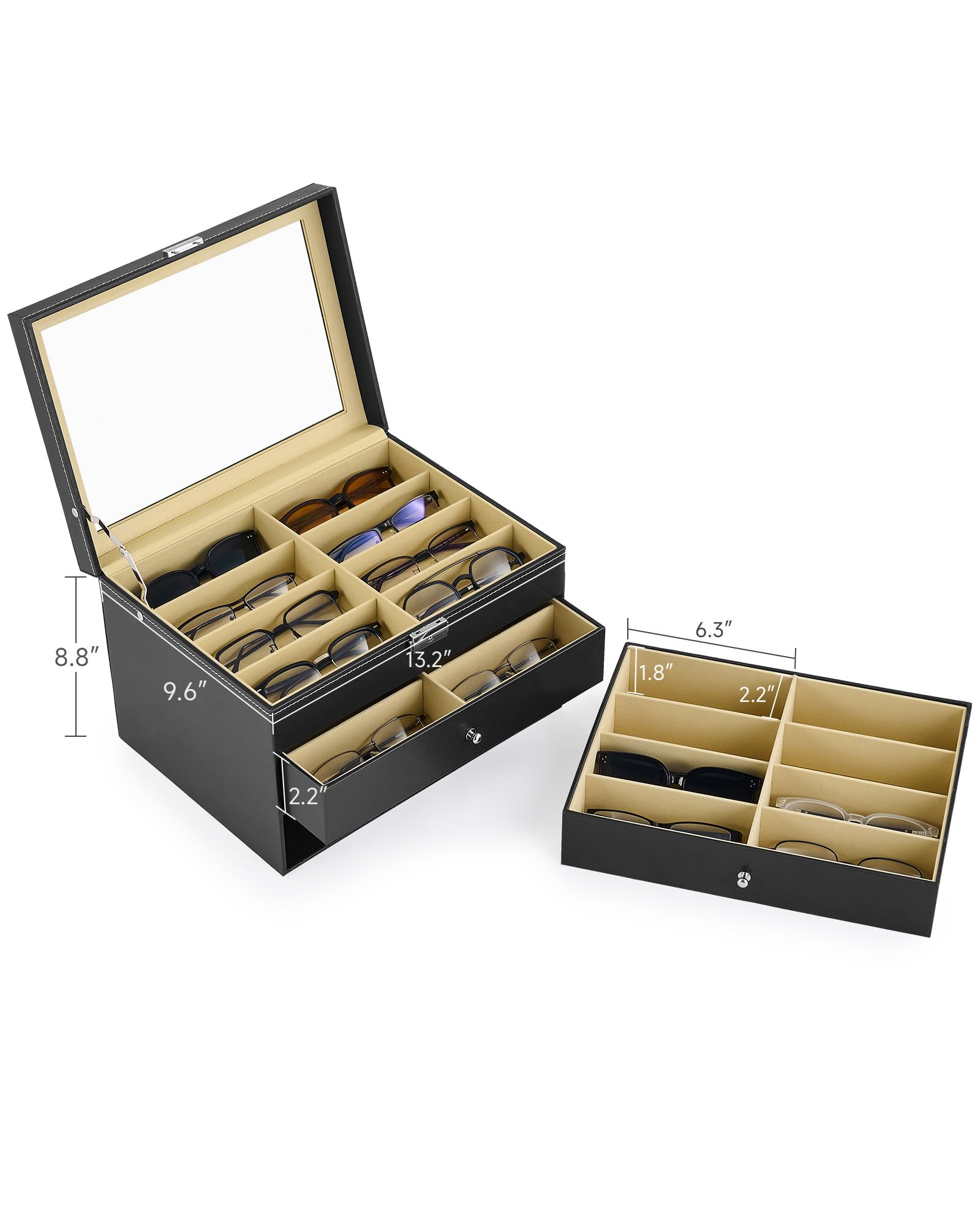 CO-Z Premium Leather Sunglasses Organizer & Eyeglasses Storage Box - Lockable Sunglass Display Case with Drawer for Women & Men - Perfect for Home, Office, Travel and Gift Giving