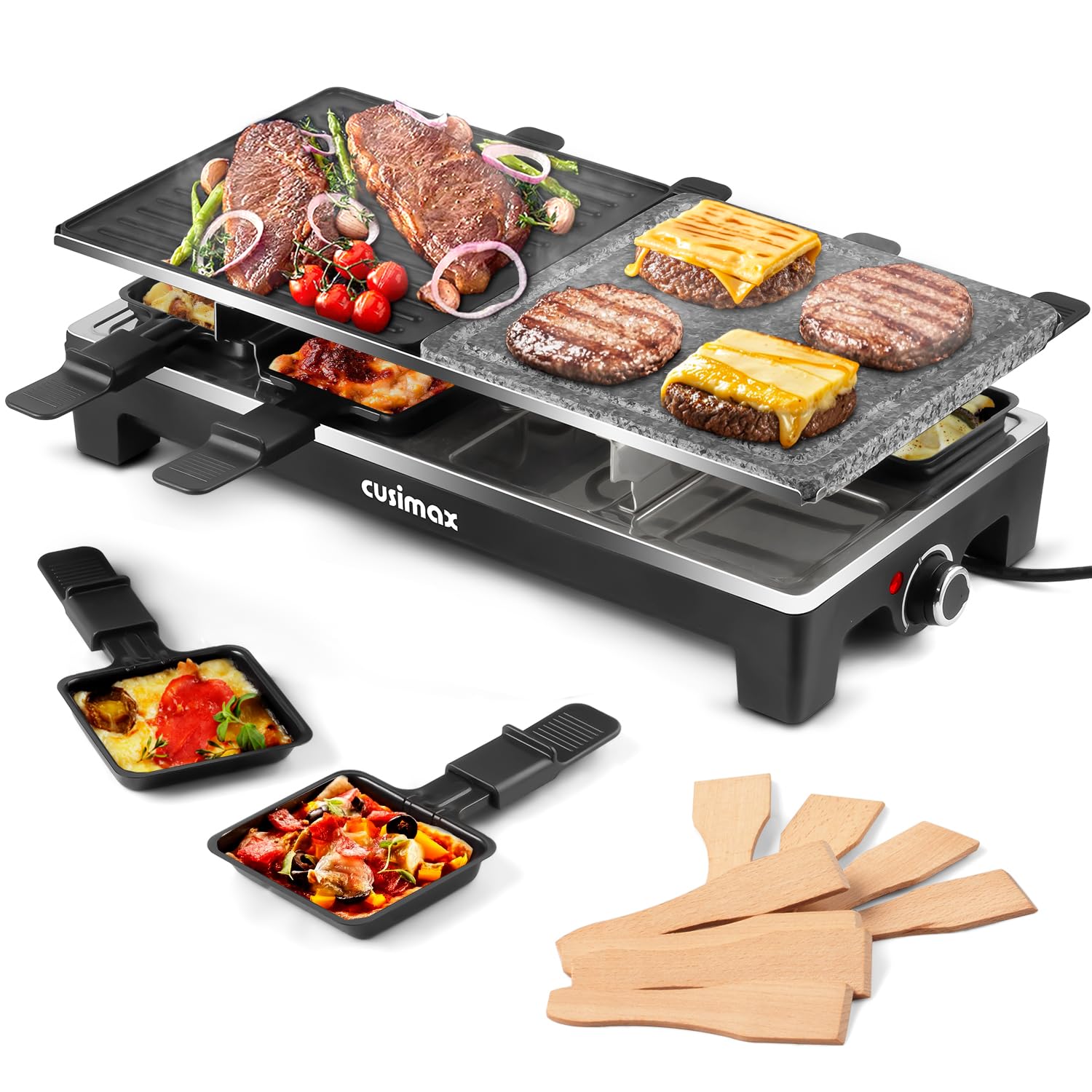 CUSIMAX Electric Raclette Grill - 1500W Portable Indoor Grill with 2-in-1 Reversible Non-Stick Plate & Natural Grill Stone - Korean BBQ Grill Set Includes 8 Pans & Wooden Spatulas - Perfect for Home Cooking, Parties & Family Gatherings
