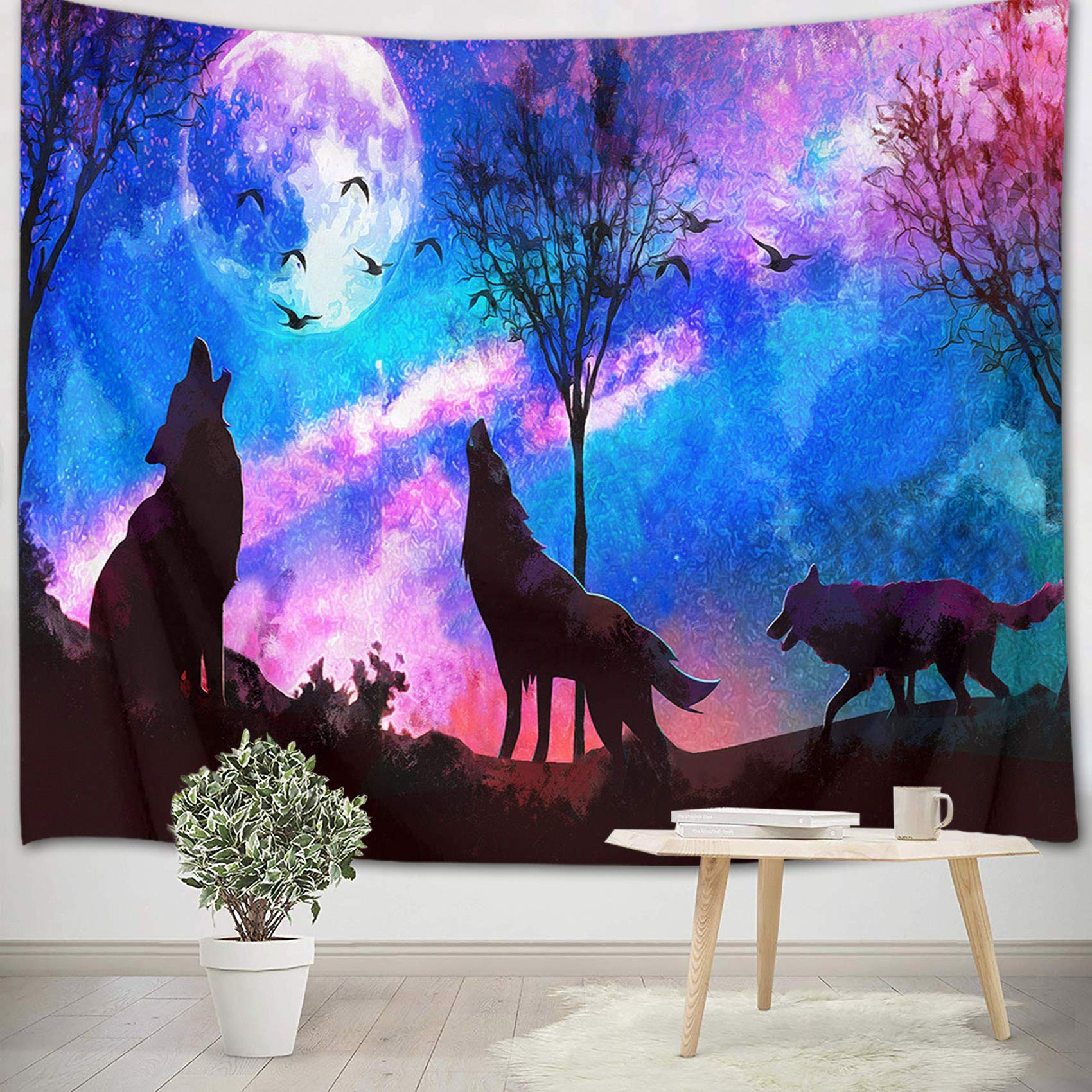 HVEST Wolf Tapestry Purple Blue Psychedelic Starry Sky Moon Mountains Wall Hanging Blanket for Bedroom Living Room Teen Dorm Indie Decor Poster 60x40 Inches, Perfect for Home Office Meditation Space and Cozy Reading Nook